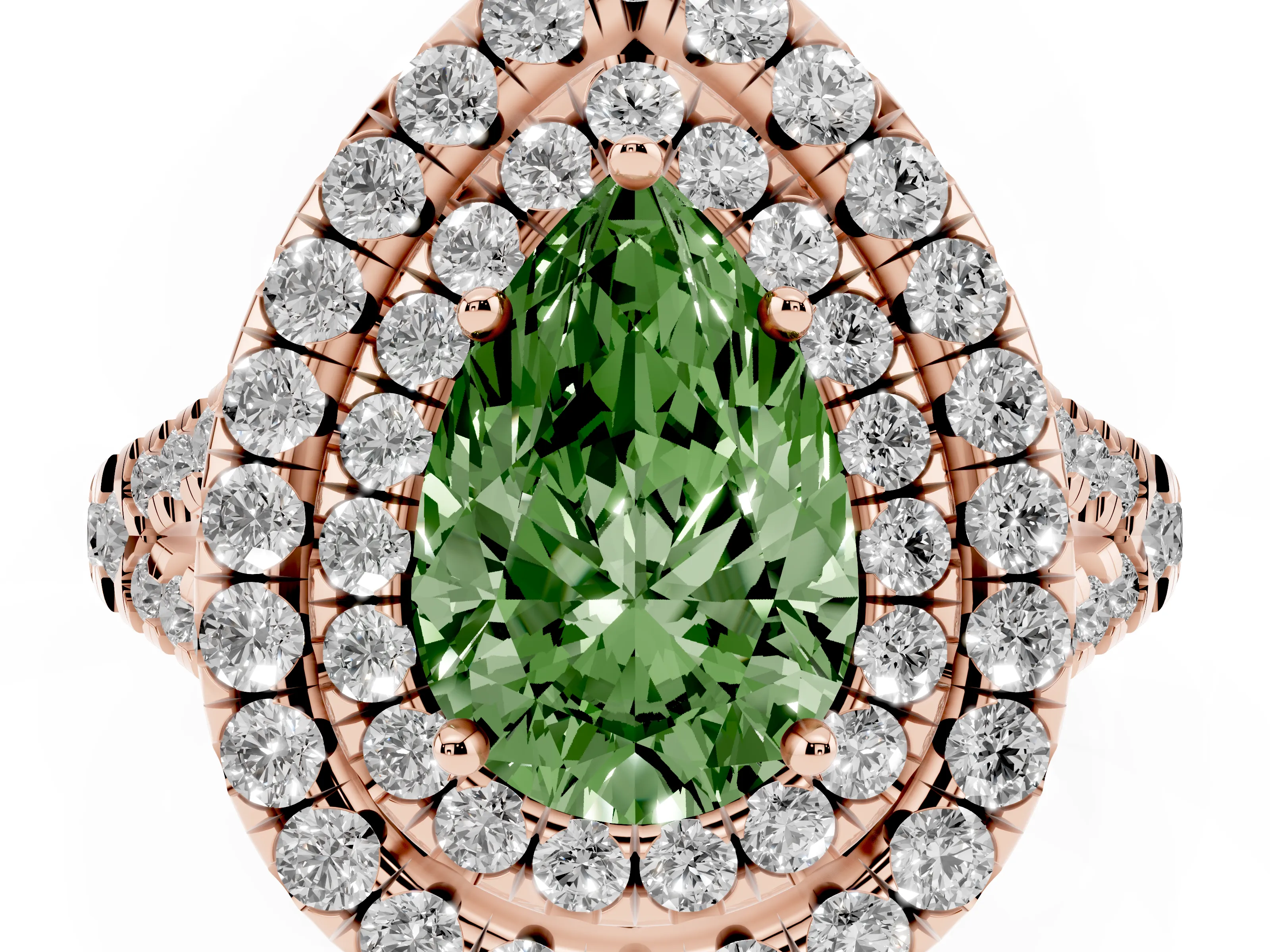 Fancy Green Pear Cut Diamond Double Halo Ring Set in Rose gold with Pavé Split Shank and Prong Setting