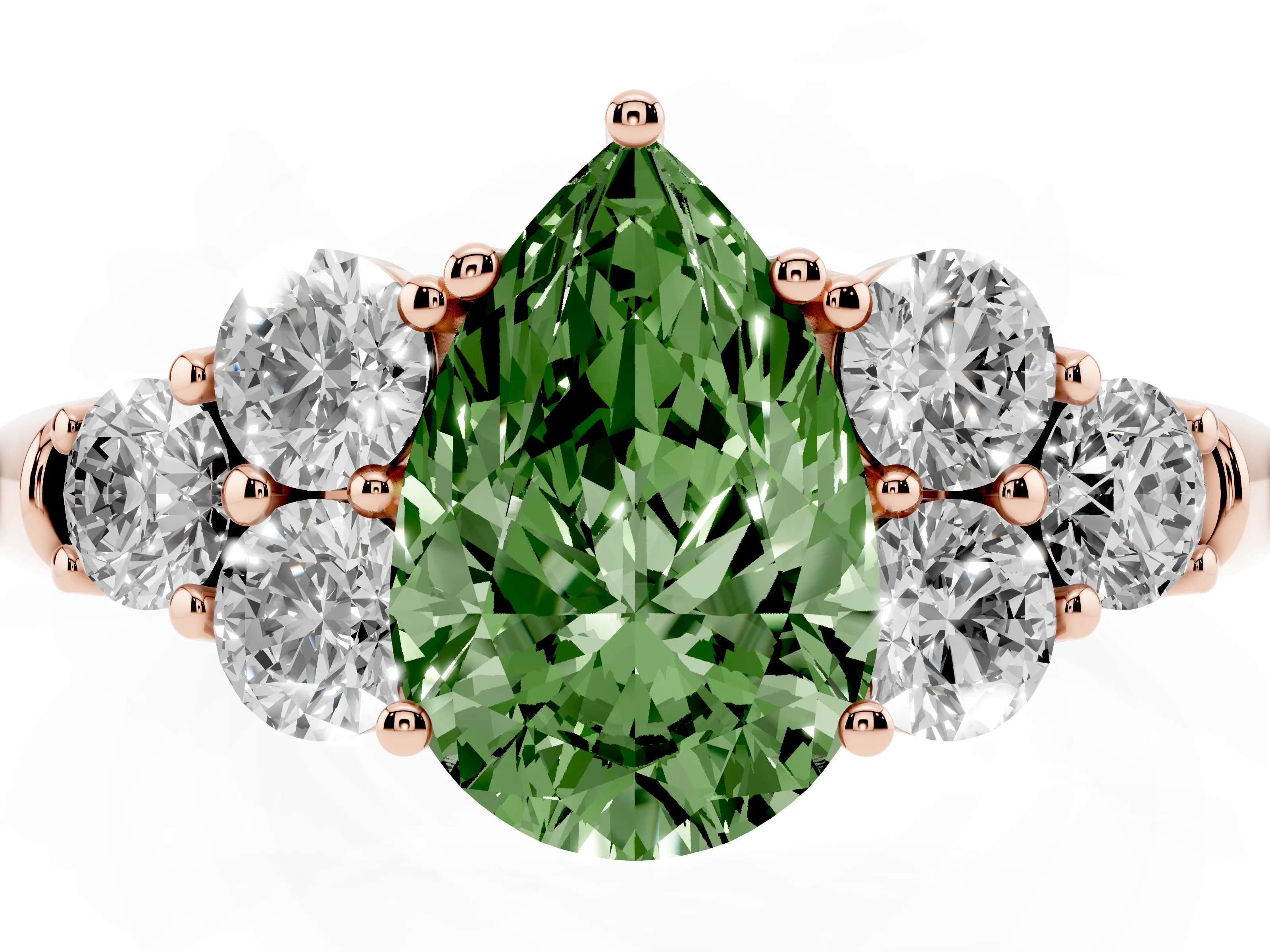 Fancy Green Pear Cut Diamond Cluster Ring Set in Rose gold with Round Accent Stones and Prong Setting on a Plain Band