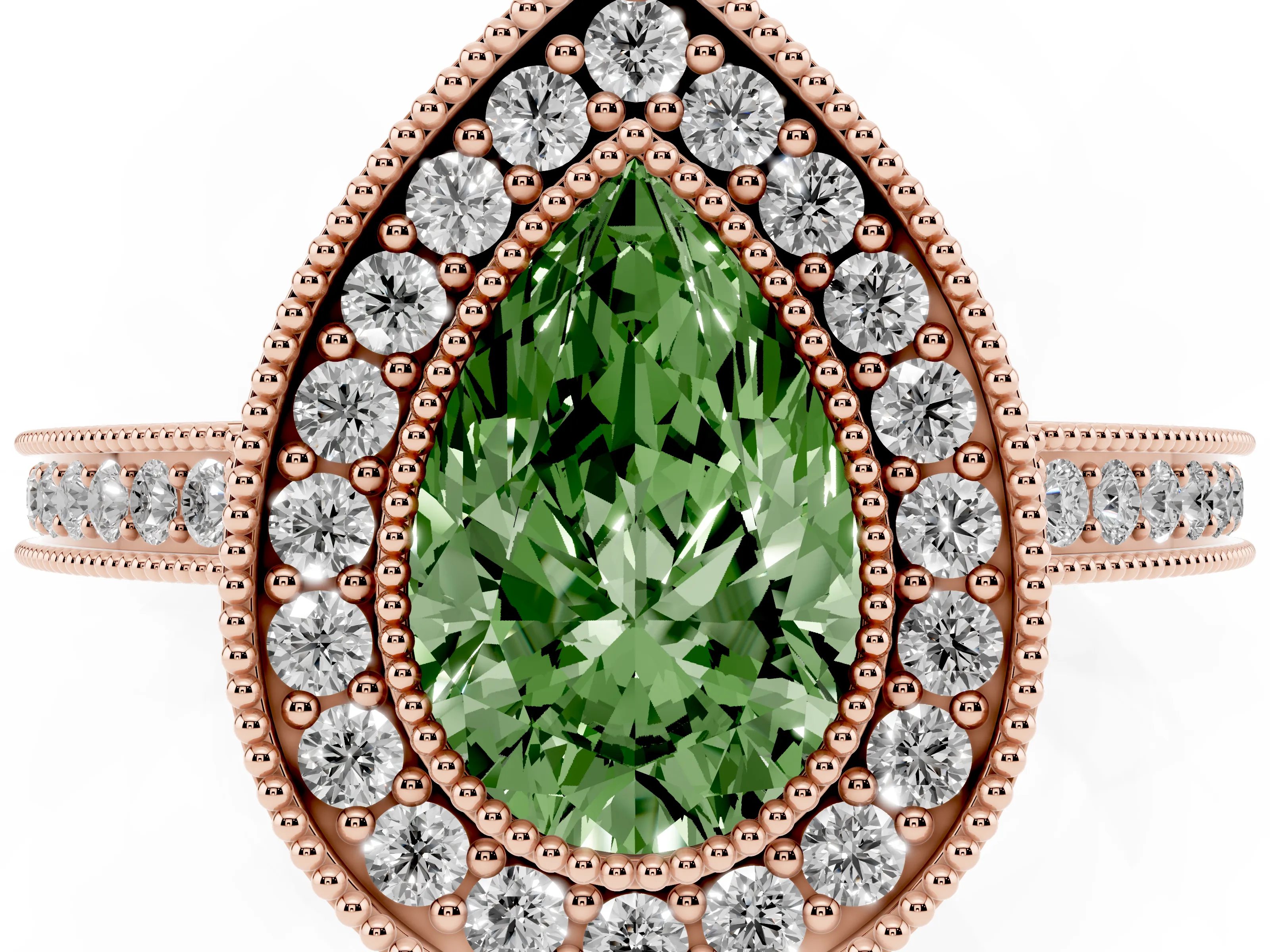 Fancy Green Pear Cut Diamond Halo Ring Set in Rose gold with Pavé Band and Milgrain-Edged Prongs