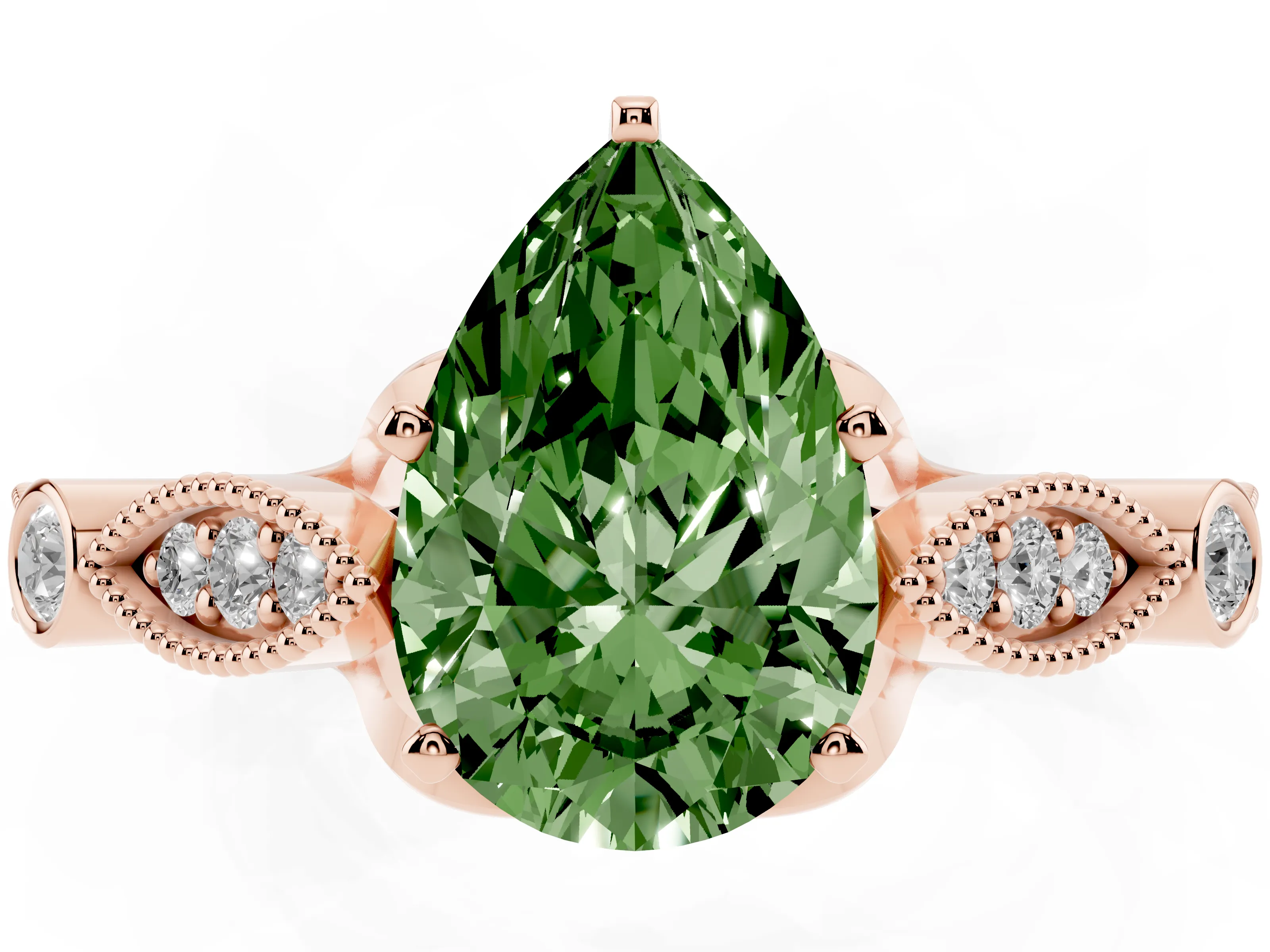 Fancy Green Pear Cut Diamond Solitaire Ring Set in Rose gold with Milgrain Marquise and Bezel Accents