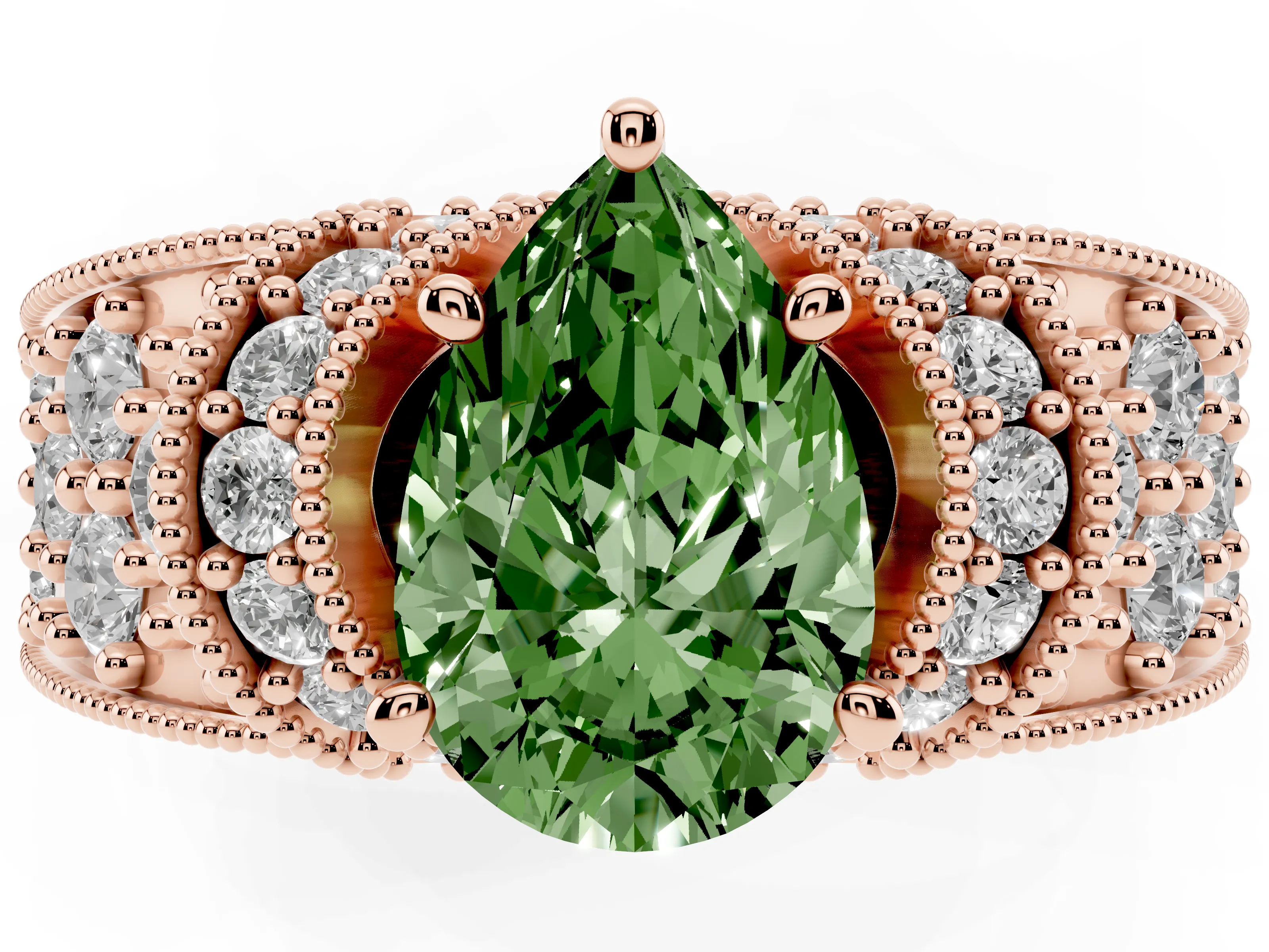 Fancy Green Pear Cut Diamond Milgrain Halo Pavé Engagement Ring Set in Rose gold with Prong Setting