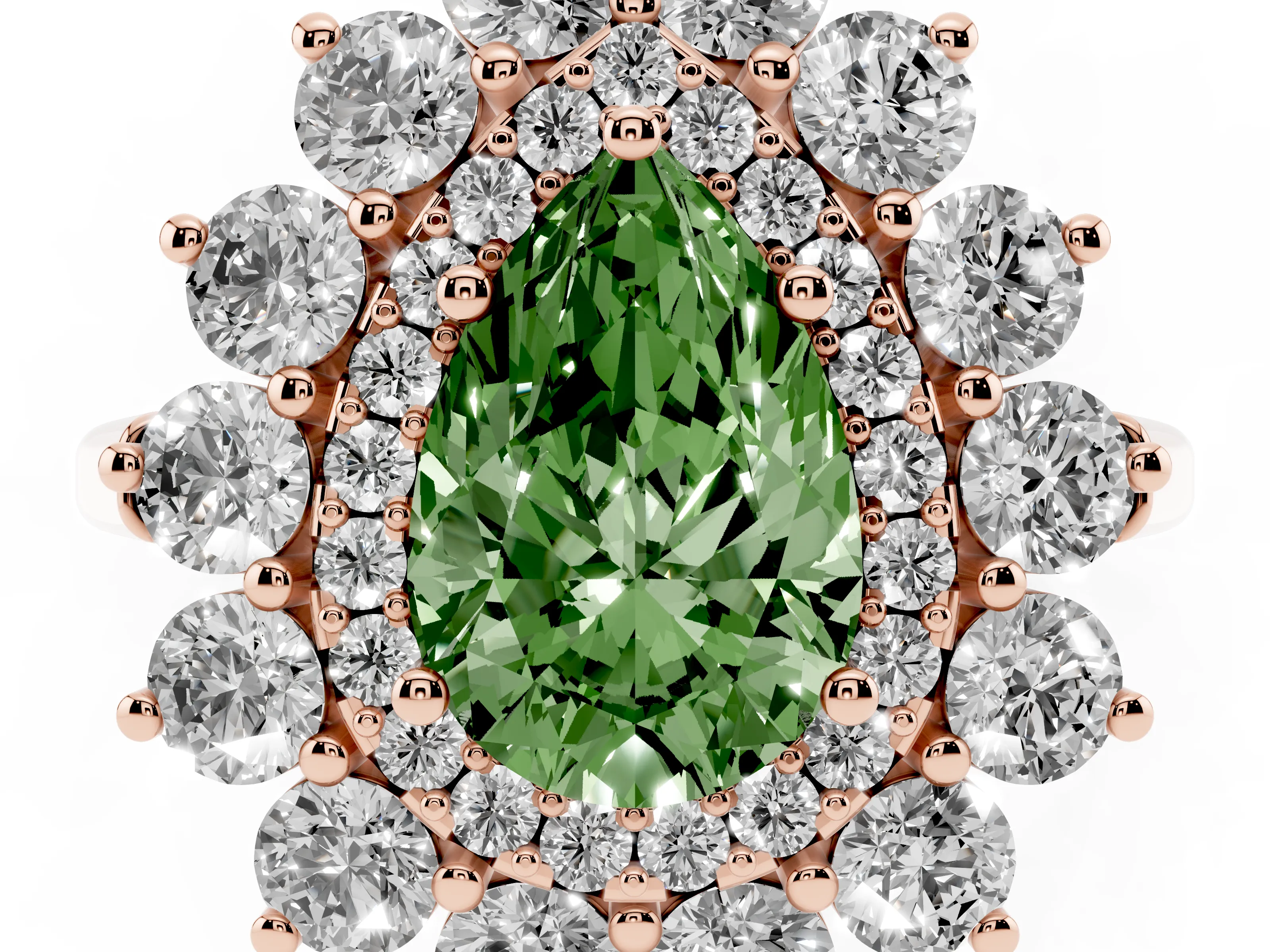 Fancy Green Pear Cut Diamond Floral Double Halo Ring Set in Rose gold with Round Petals