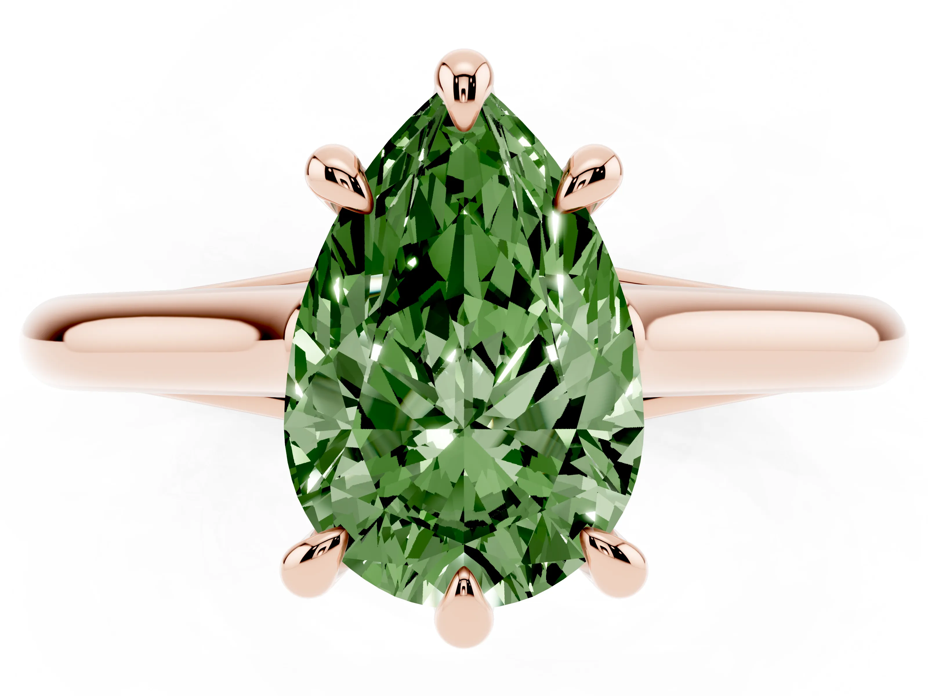 Fancy Green Pear Cut Diamond Solitaire Engagement Ring Set in Rose gold with Prong Setting and Plain Classic Band
