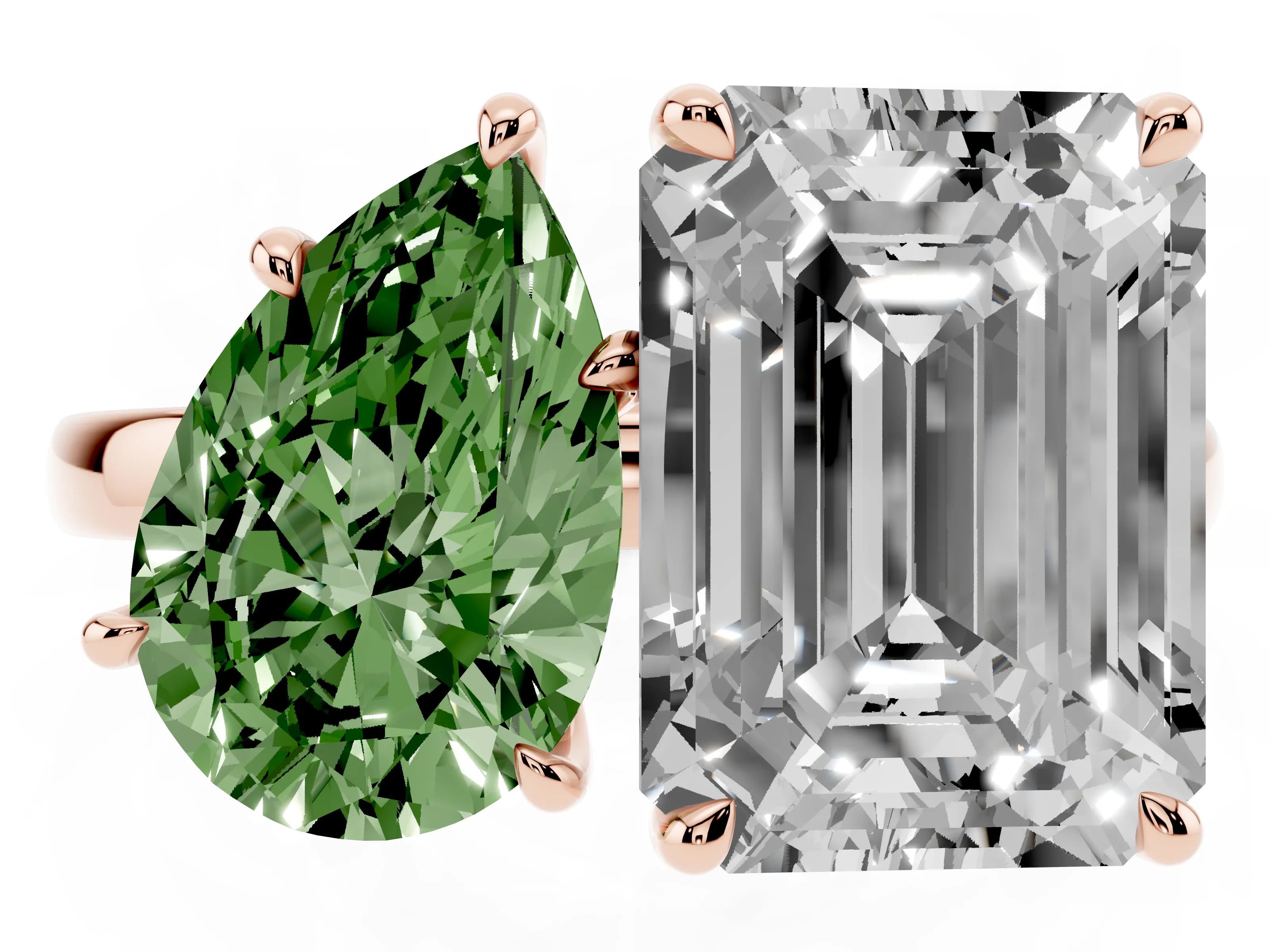 Fancy Green Pear Cut and Emerald Cut Toi Moi Ring Set in Rose gold with Prong Setting