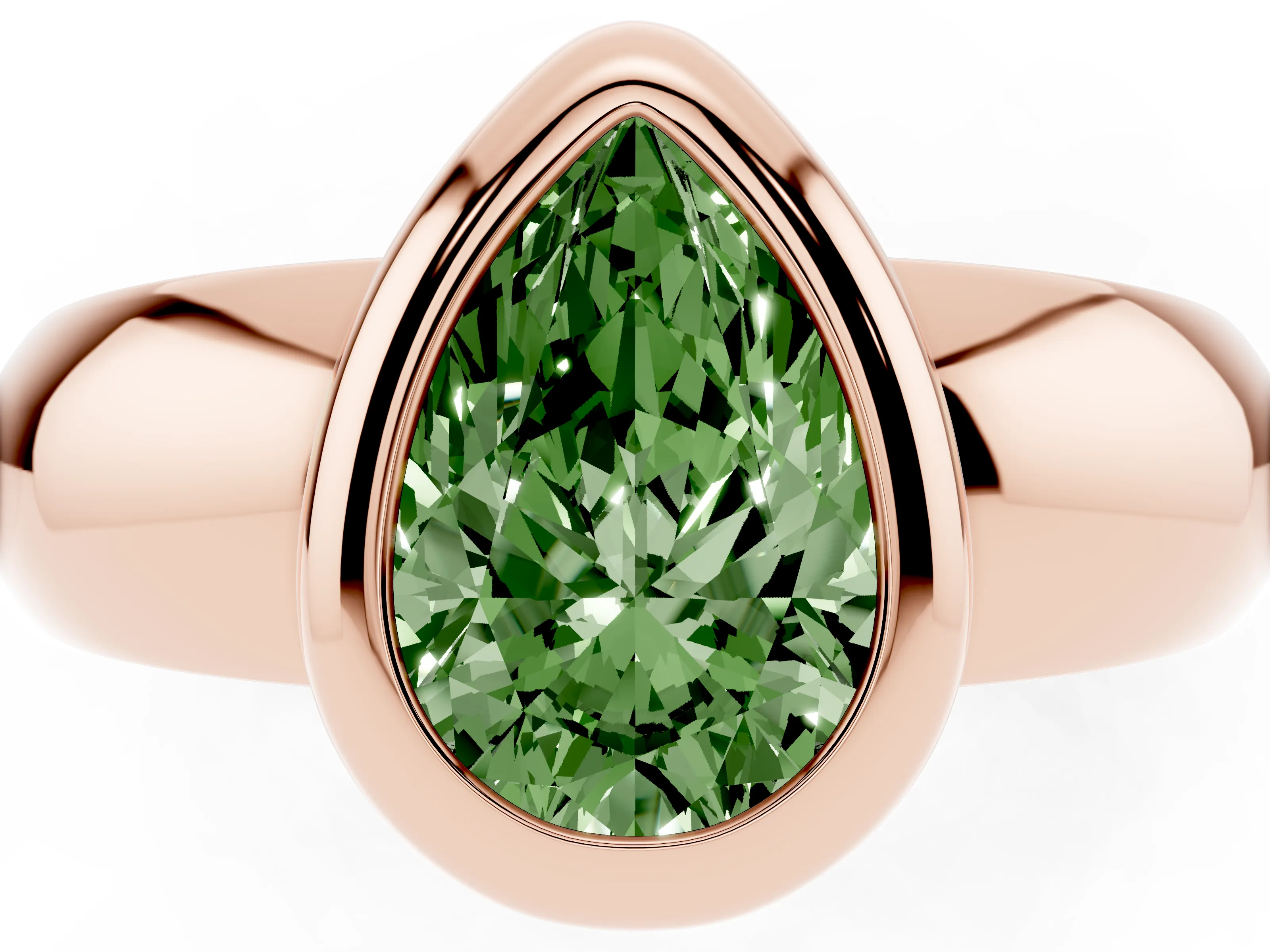 Fancy Green Bezel Set Pear Cut Diamond Solitaire Ring Set in Rose gold with Wide Band