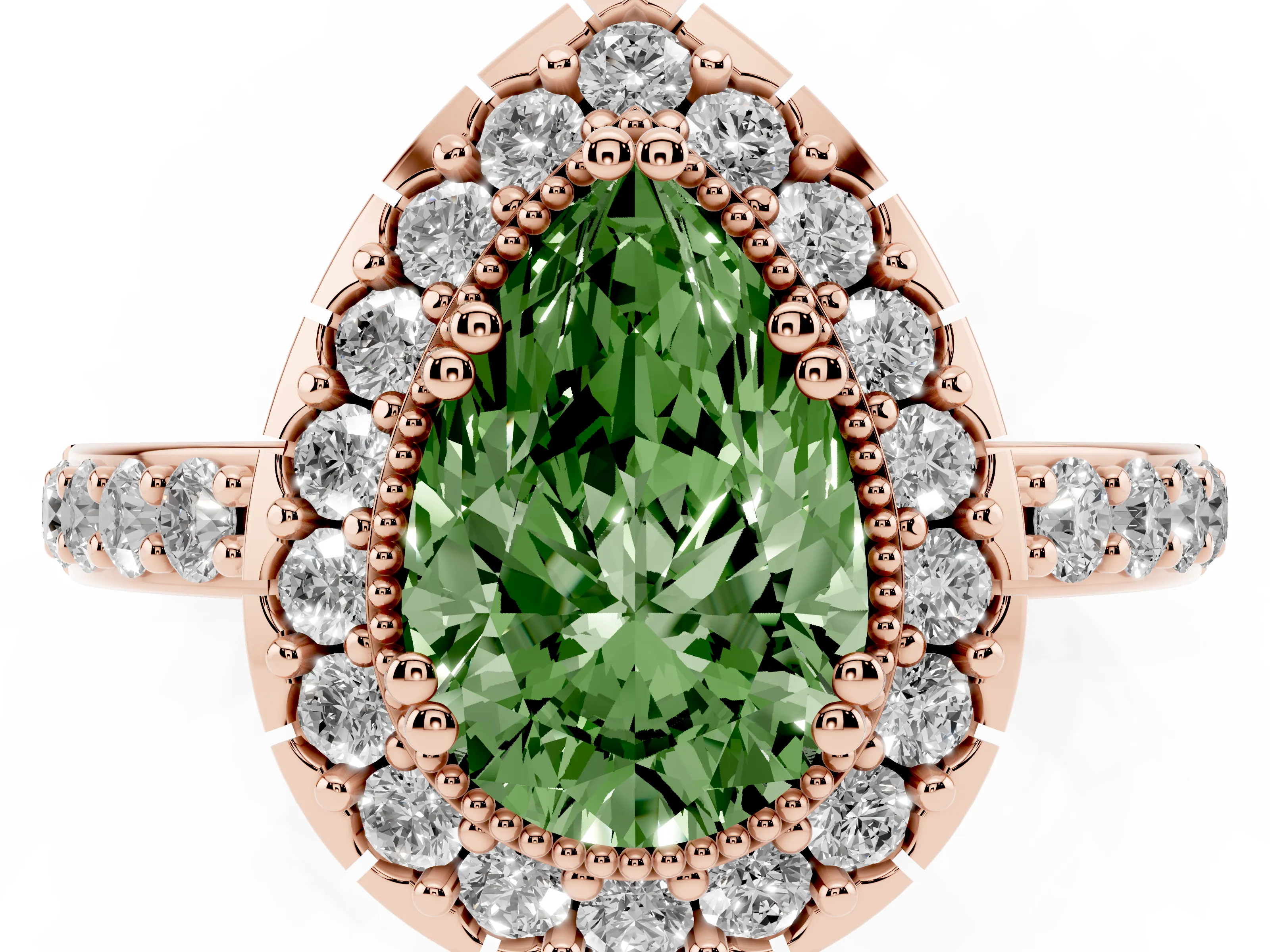 Fancy Green Pear Cut Diamond Halo Ring Set in Rose gold with Pavé Shank and Prong Setting