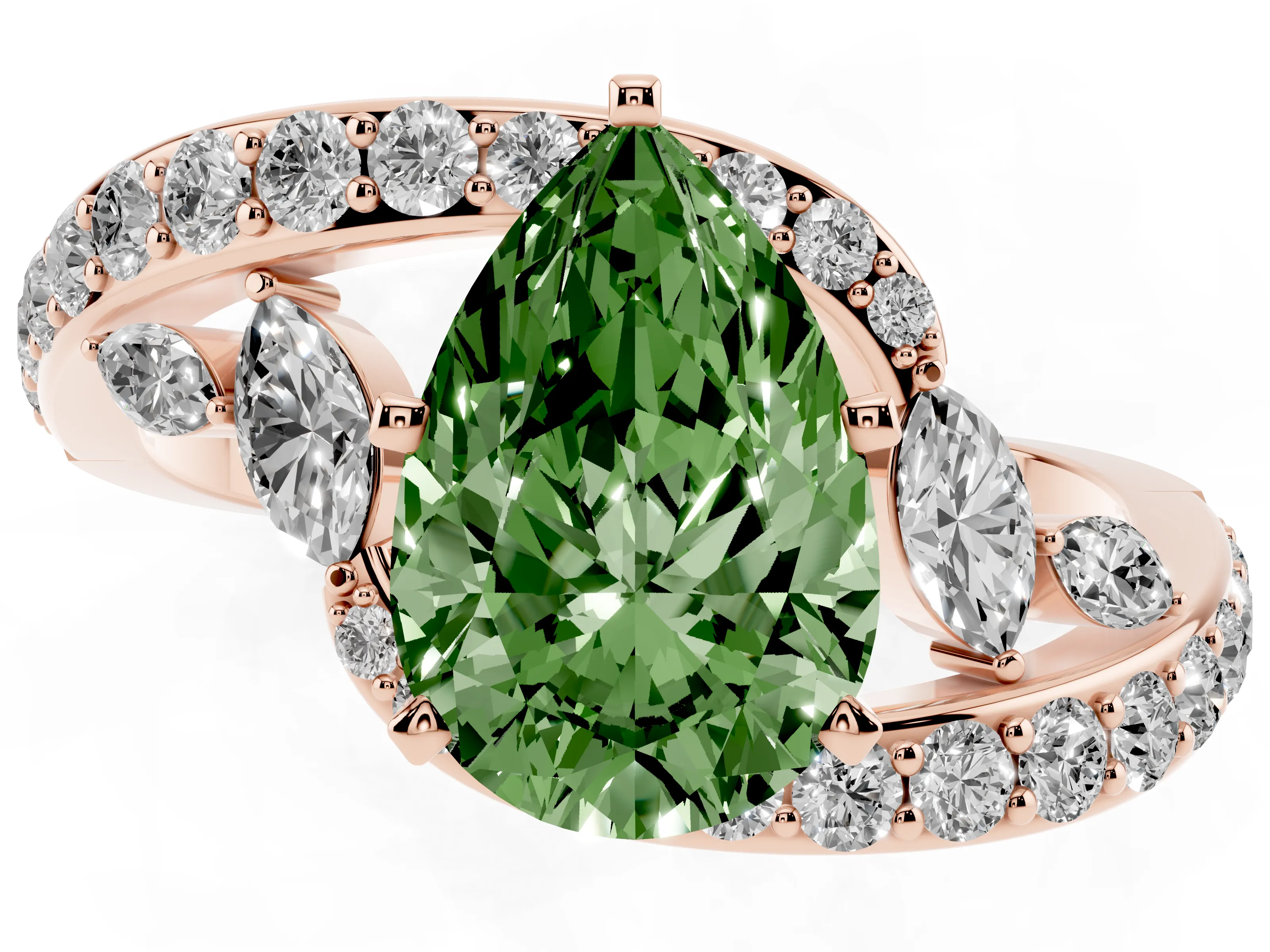 Fancy Green Pear Cut Diamond Solitaire Ring Set in Rose gold with Pavé Twist Band and Secure Prong Setting