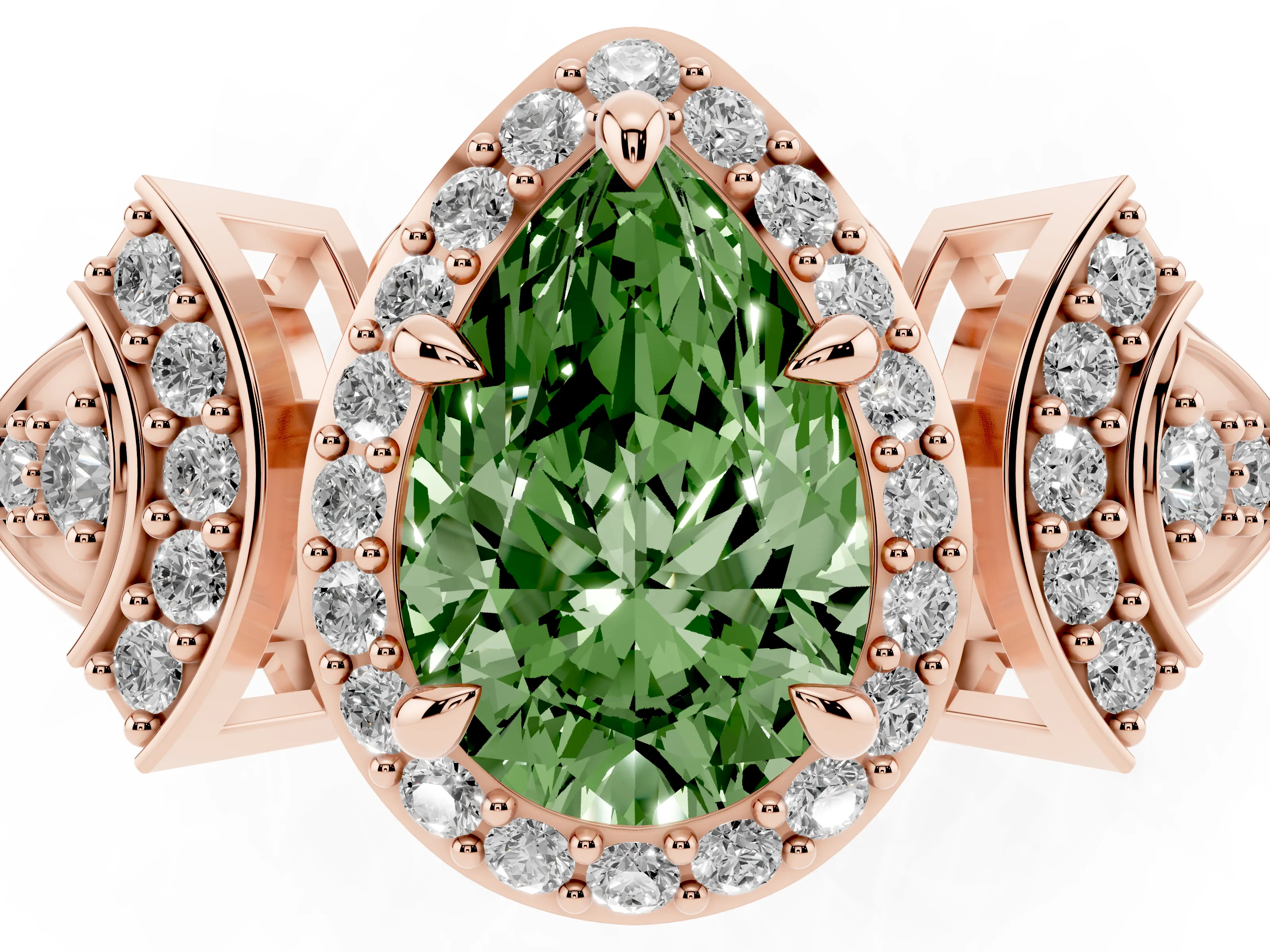 Fancy Green Pear Cut Diamond Halo Engagement Ring Set in Rose gold with Accent Stone Split Shank