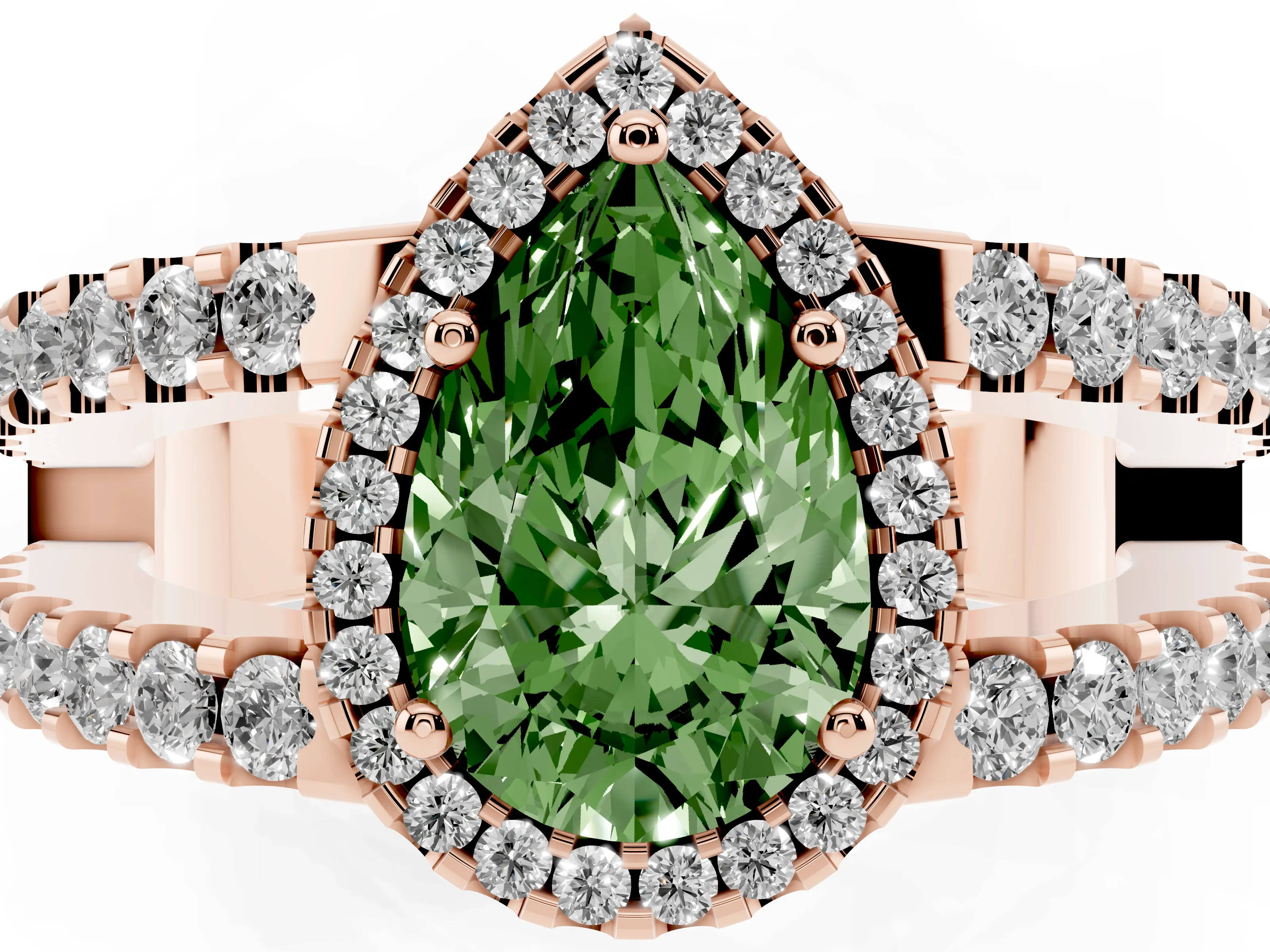 Fancy Green Pear Cut Diamond Halo Ring Set in Rose gold with Pavé Split Shank and Prong Setting
