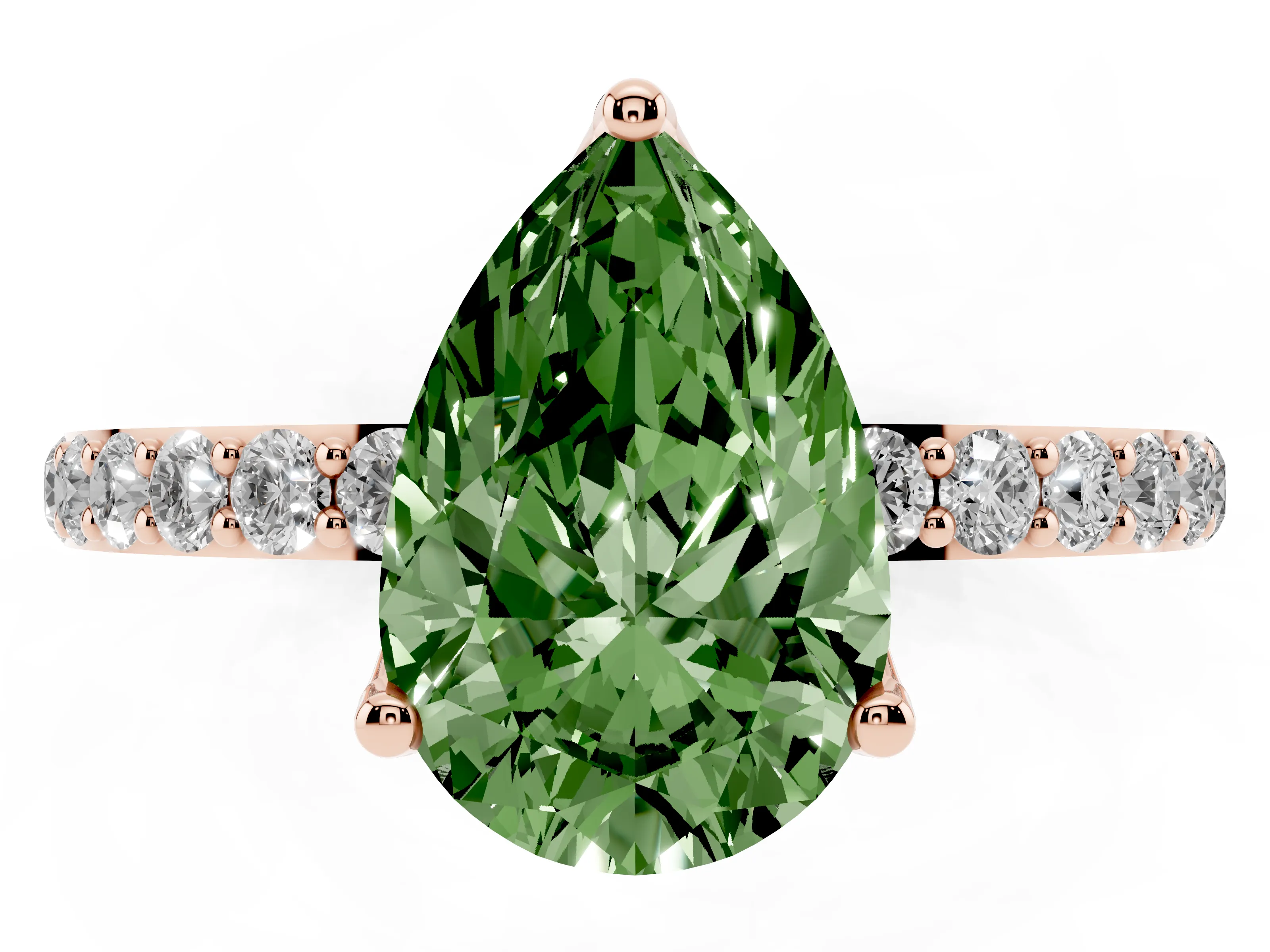 Fancy Green Pear Cut Diamond Solitaire Engagement Ring Set in Rose gold with Round Pavé Band and Prong Setting