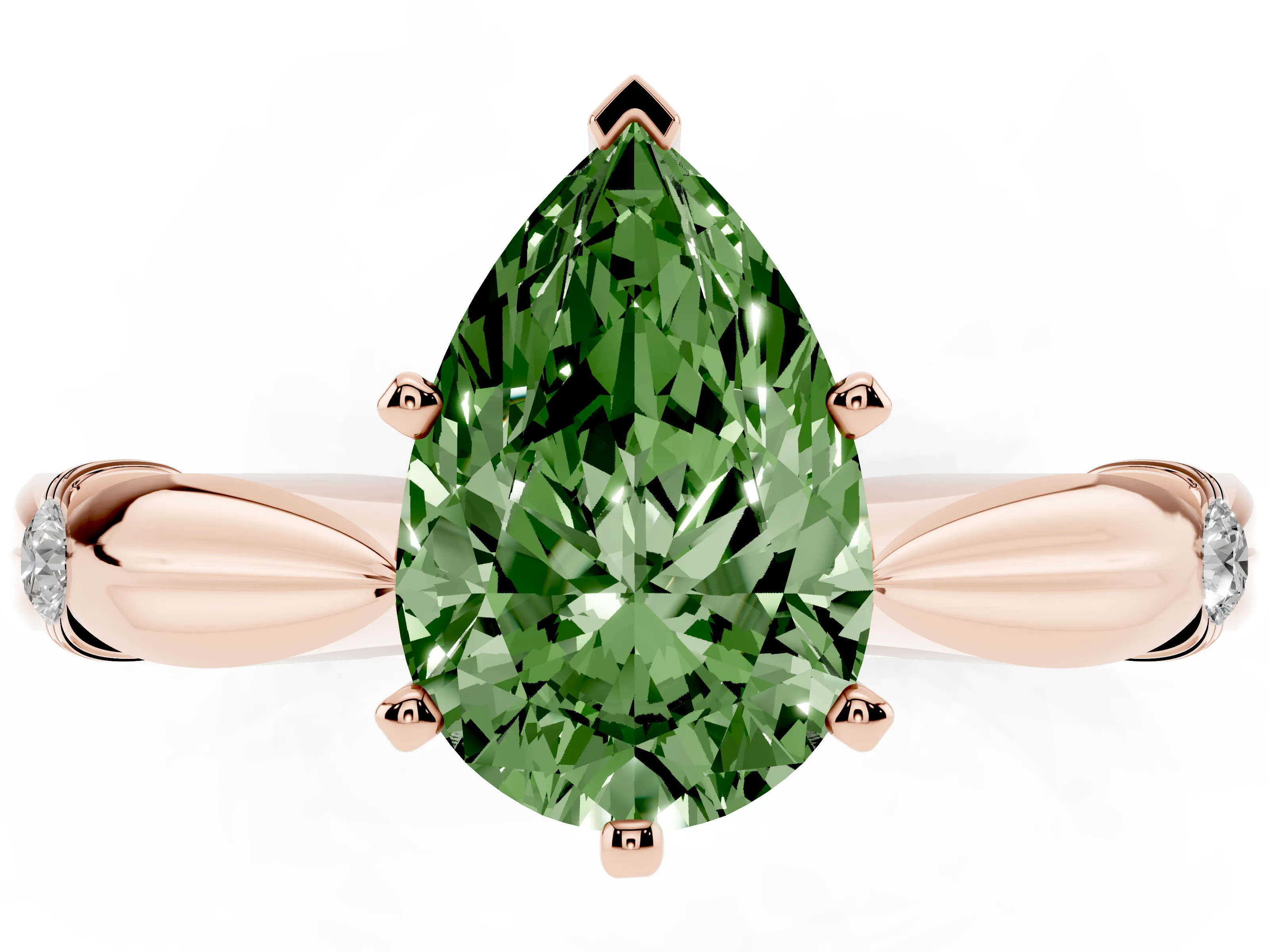 Fancy Green Pear Cut Diamond Solitaire Twisted Band Ring Set in Rose gold with Accent Stones and Prong Setting
