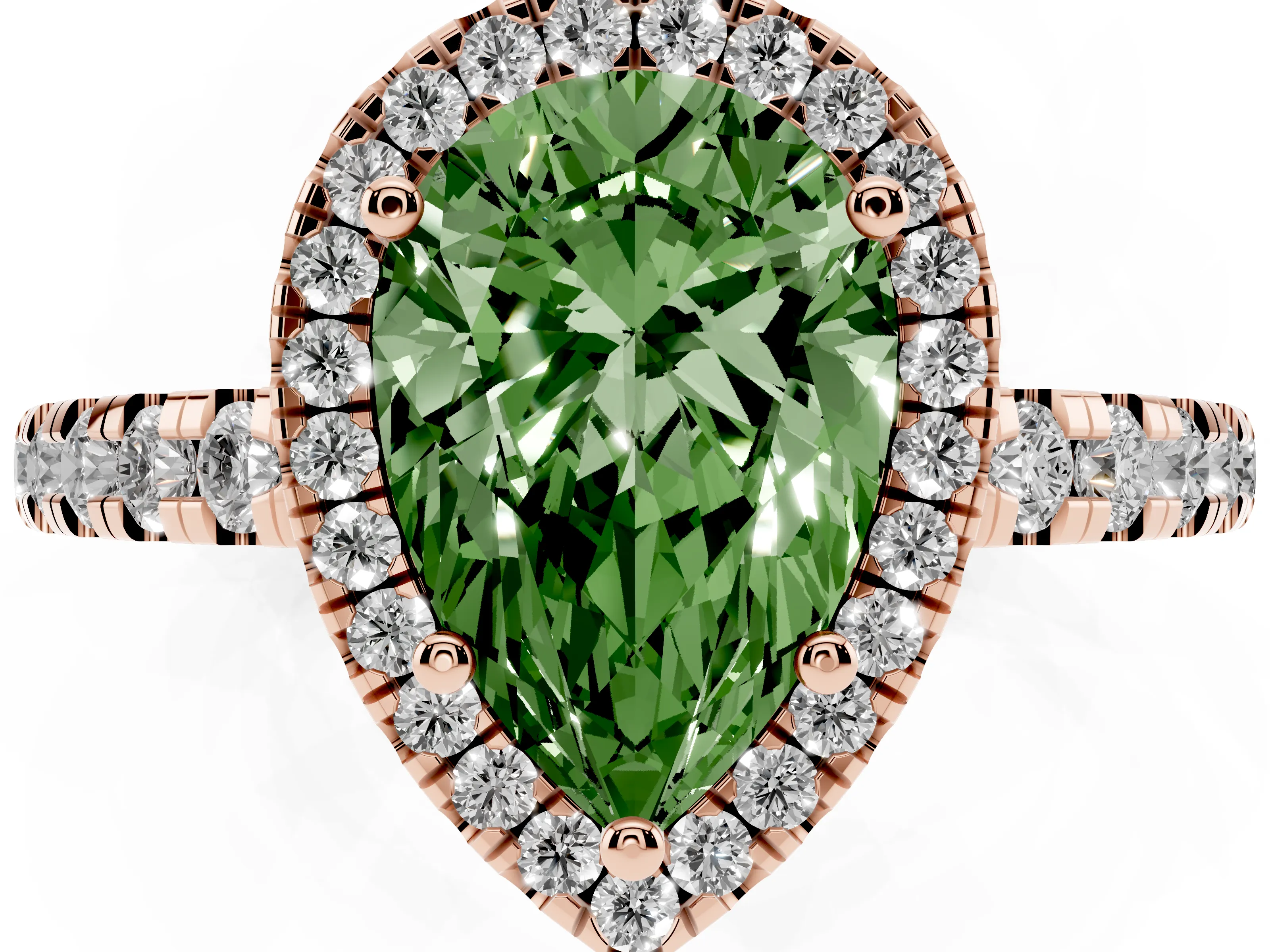 Fancy Green Pear Cut Diamond Halo Ring Set in Rose gold with Delicate Pavé Band and Prong Setting