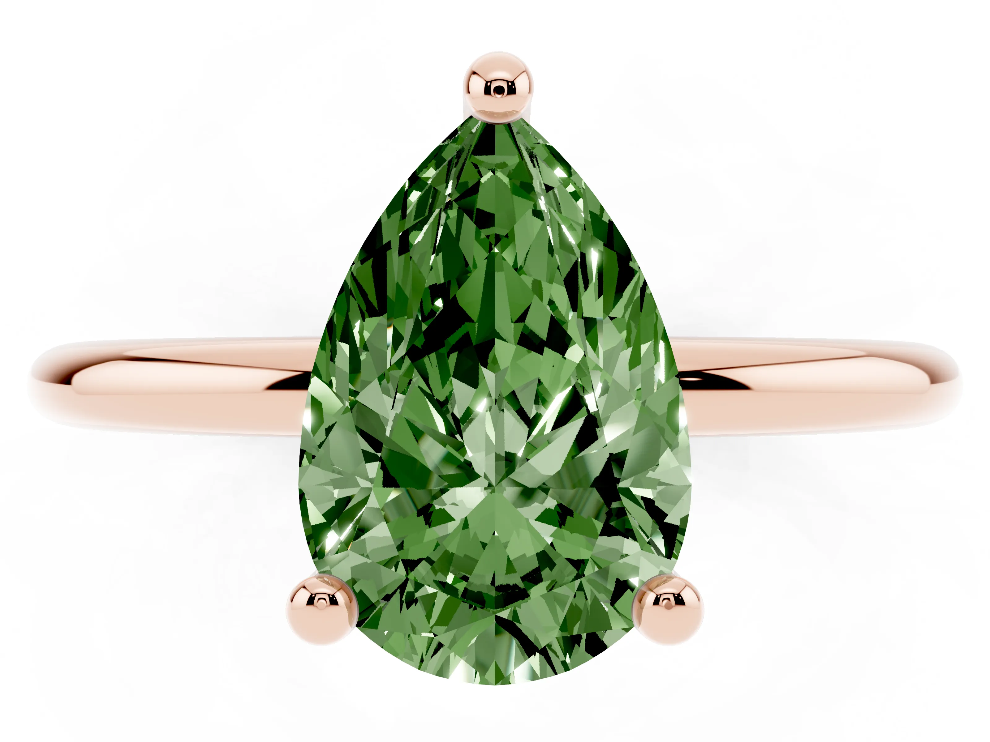 Fancy Green Pear Cut Diamond Solitaire Ring Set in Rose gold with Secure Prong Setting on a Classic Band