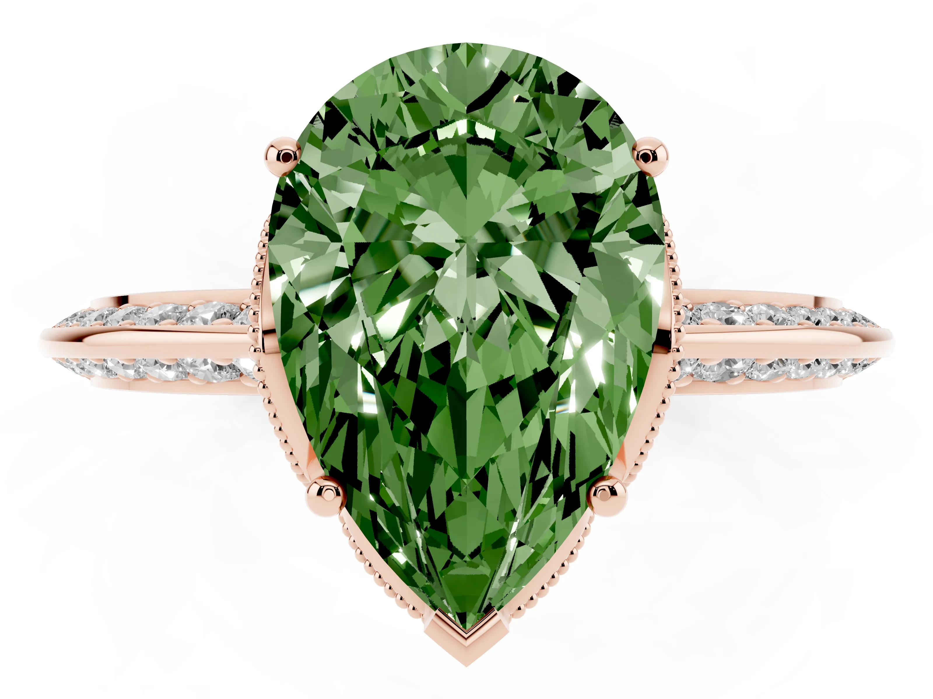 Fancy Green Pear Cut Diamond Solitaire Engagement Ring Set in Rose gold with Pavé Split Shank and Prong Setting