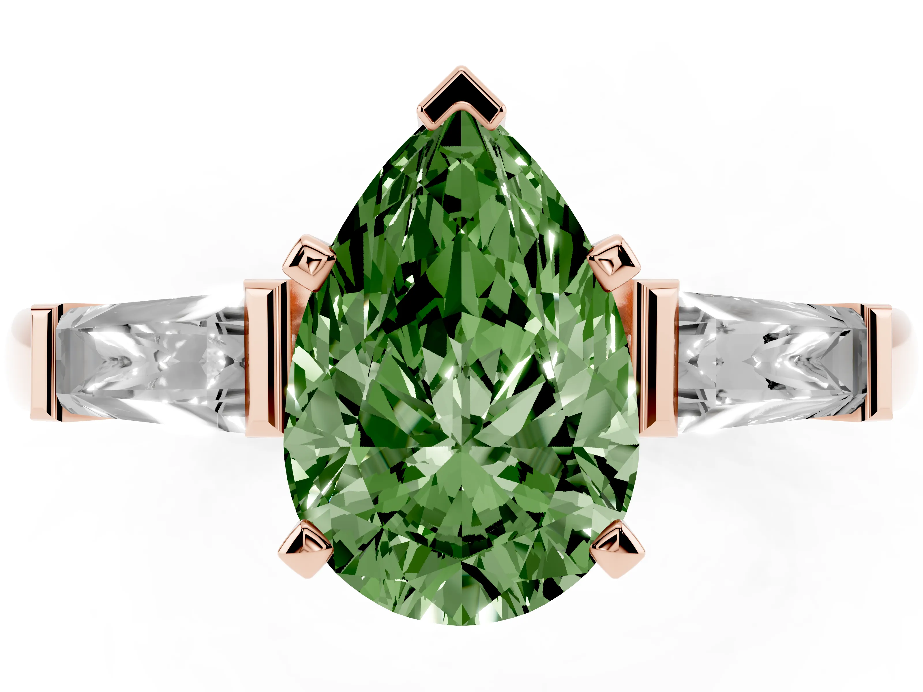 Fancy Green Pear Cut Diamond Solitaire Ring Set in Rose gold with Tapered Baguette Side Stones and Prong Setting