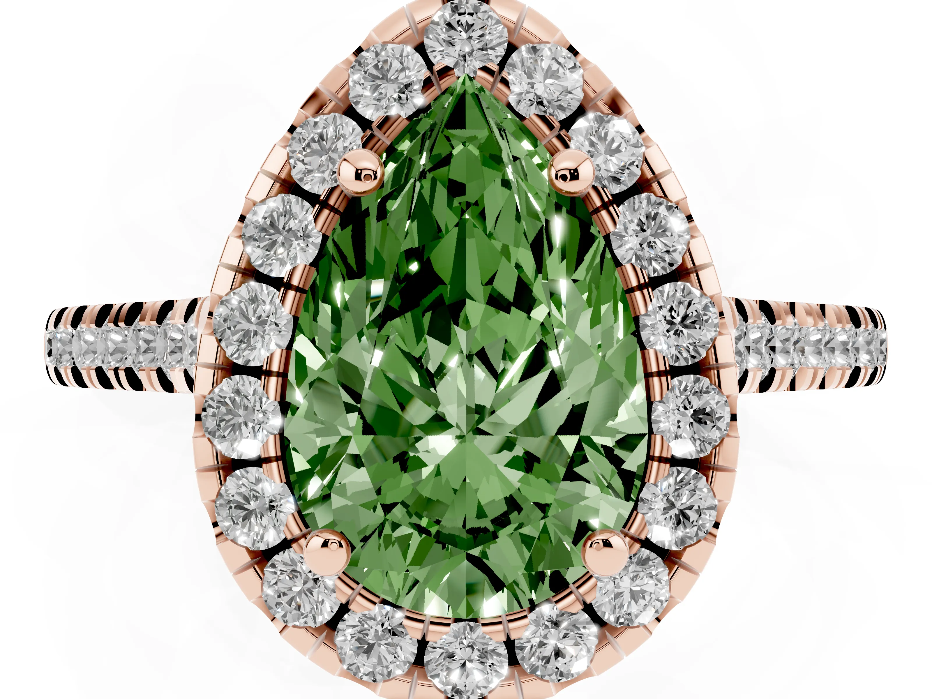 Fancy Green Pear Cut Diamond Cushion Halo Ring Set in Rose gold with Pavé Band