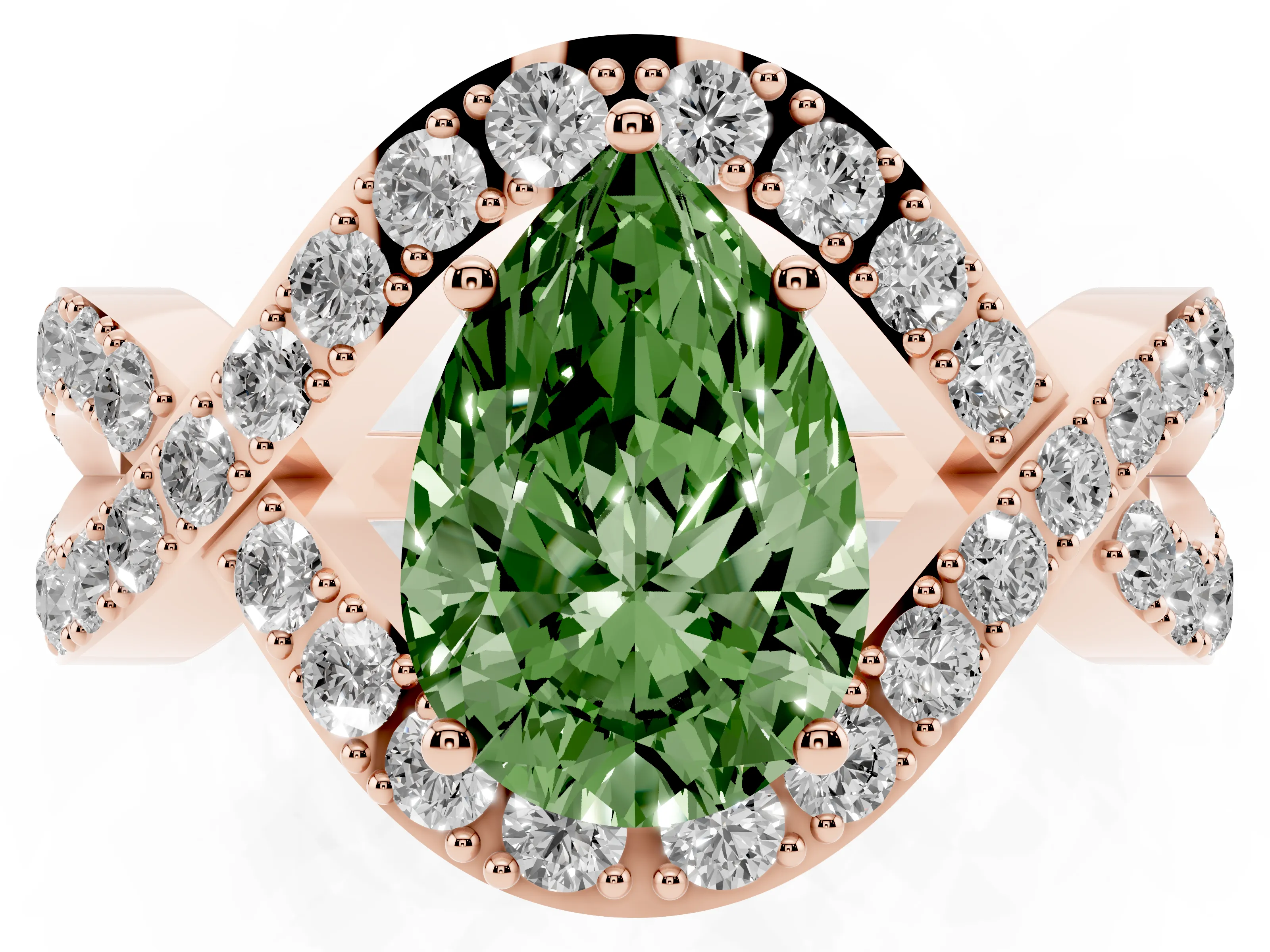 Fancy Green Pear Cut Diamond Solitaire Twist Band Pavé Engagement Ring Set in Rose gold