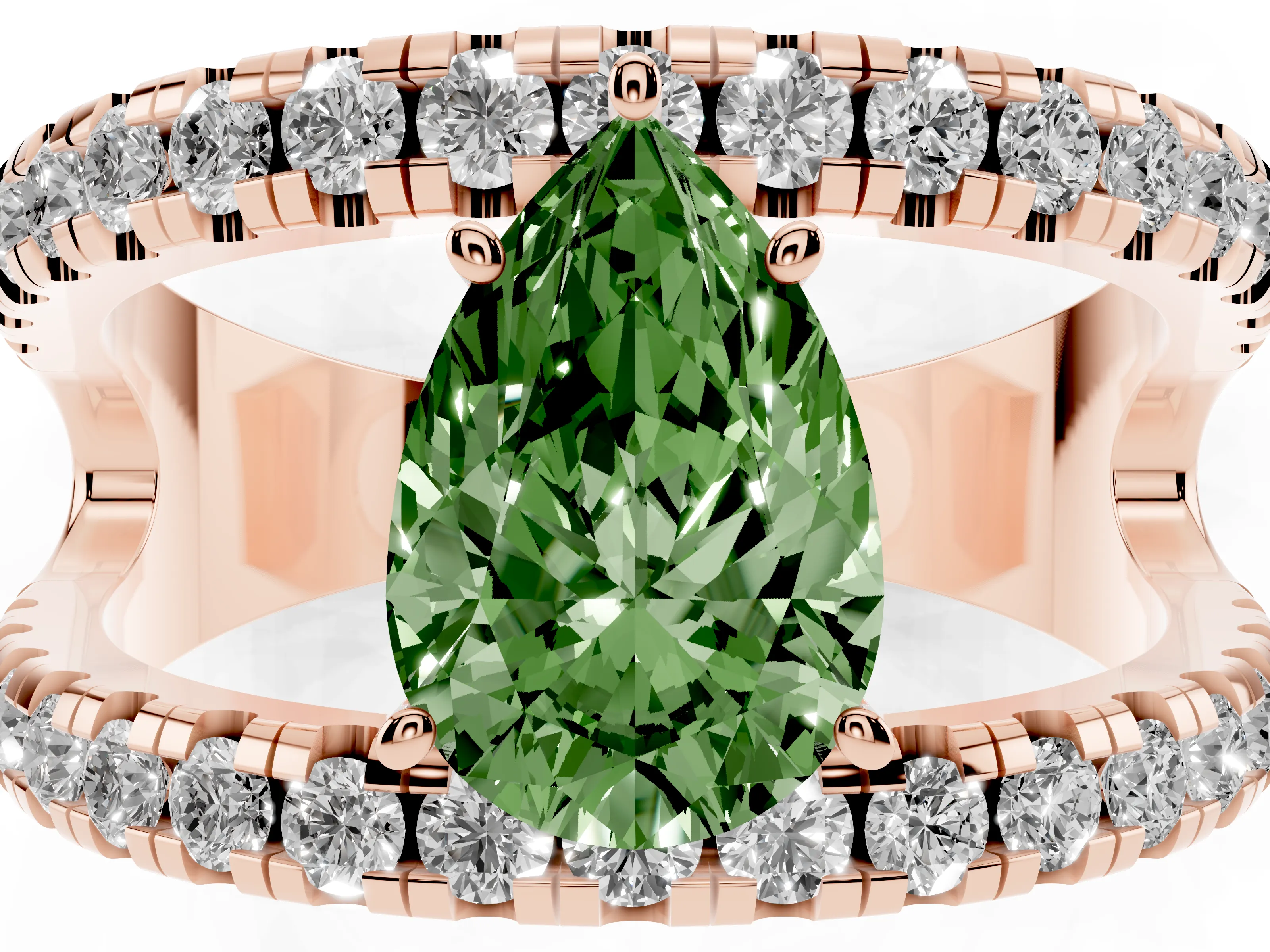 Fancy Green Pear Cut Diamond Split Shank Pavé Solitaire Ring Set in Rose gold with Open Shank Design