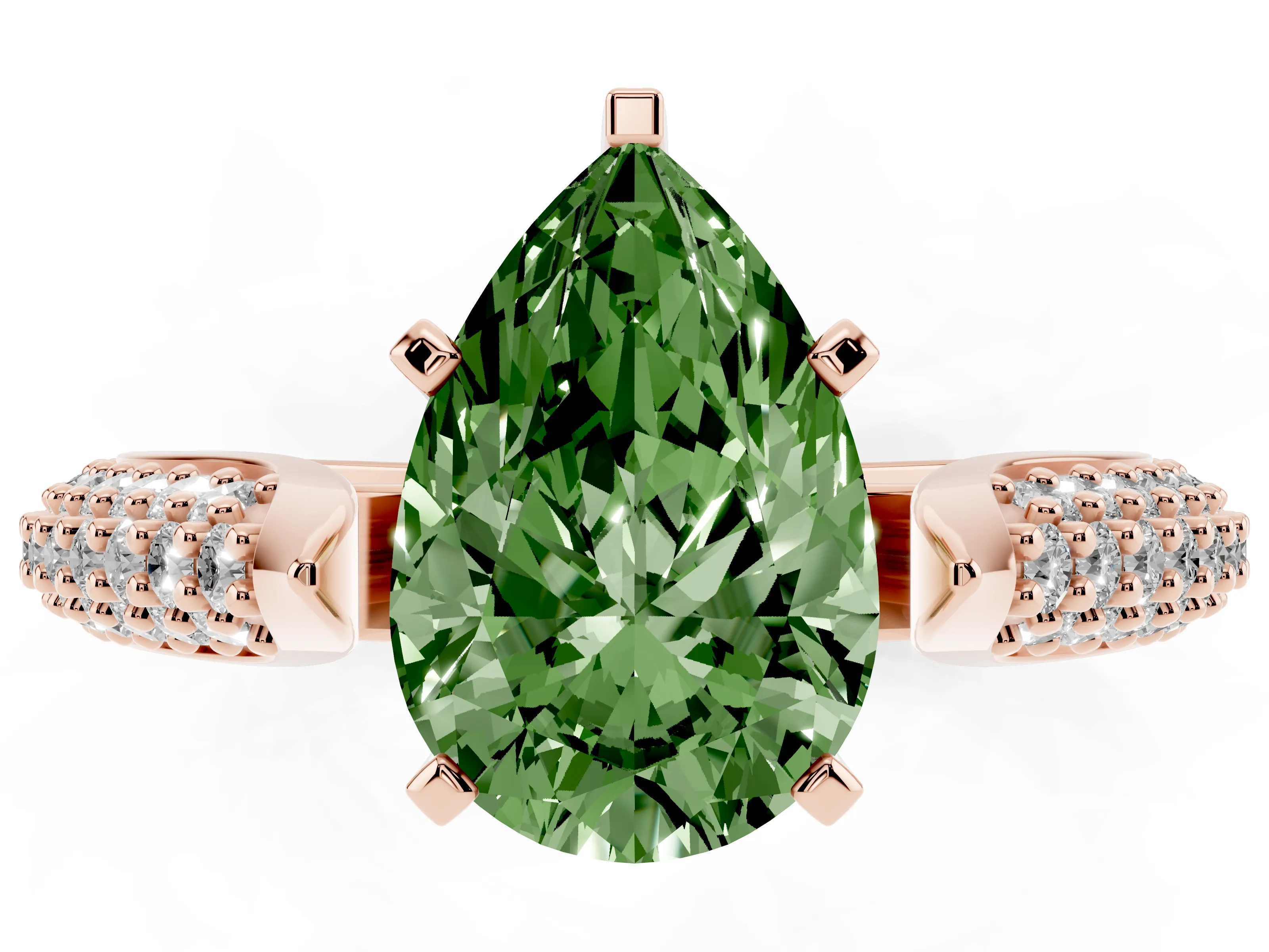Fancy Green Pear Cut Diamond Solitaire Engagement Ring Set in Rose gold with Multi-Row Round Pavé Band and Prong Setting