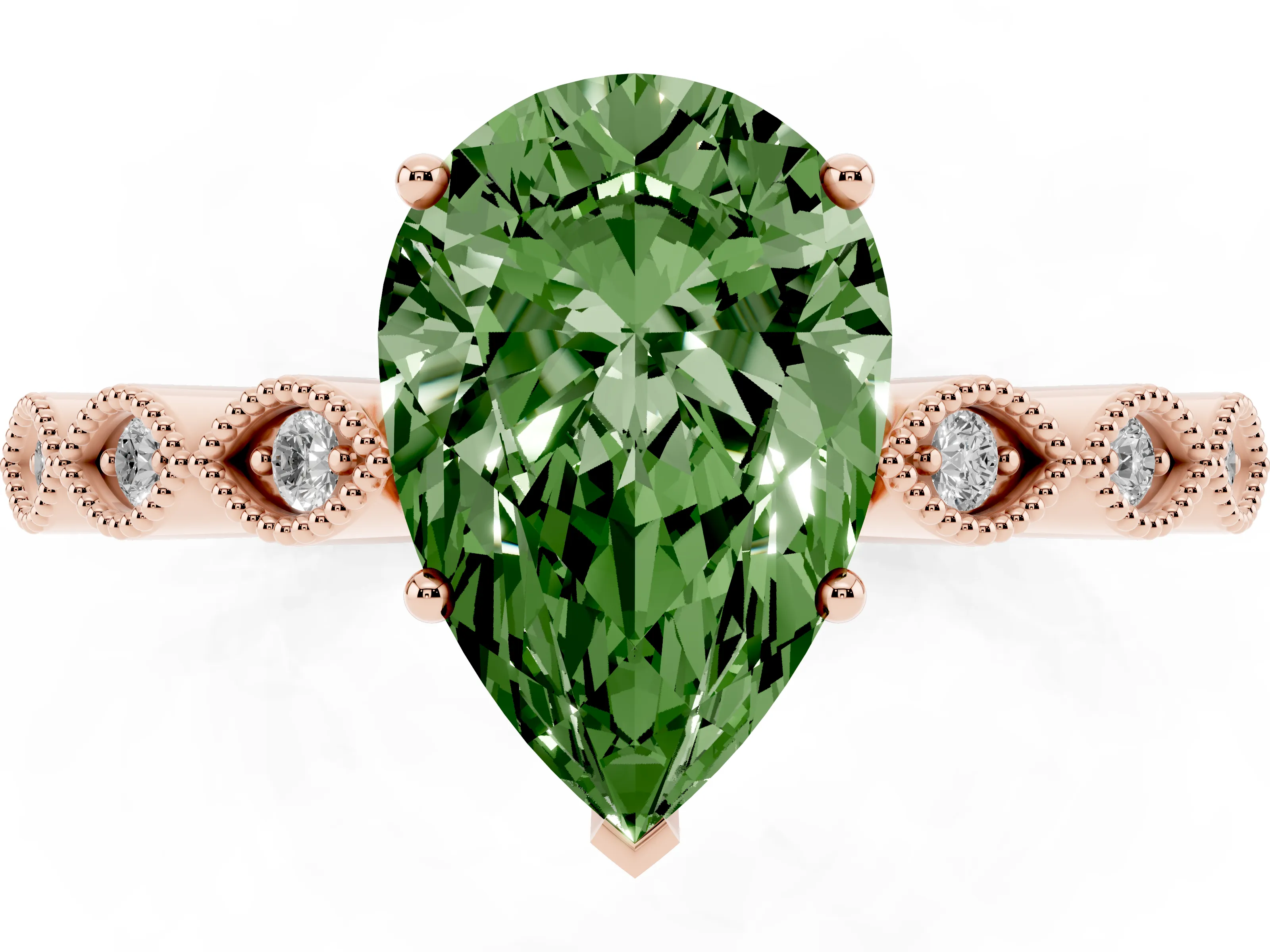 Fancy Green Pear Cut Diamond Solitaire Ring Set in Rose gold with Infinity Twist Pavé Band
