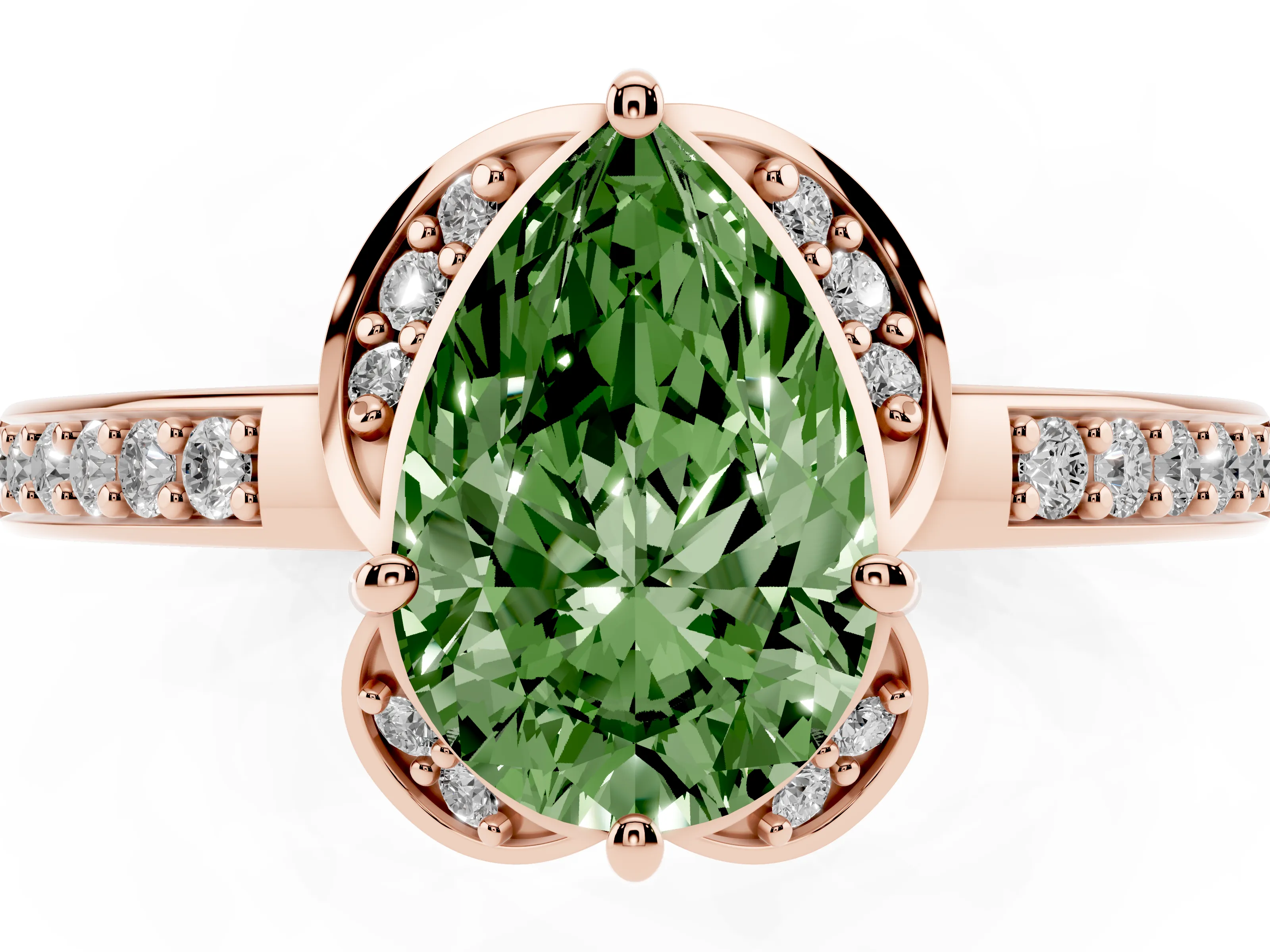 Fancy Green Pear Cut Diamond Halo Ring Set in Rose gold with Channel Set Band and Prong Setting