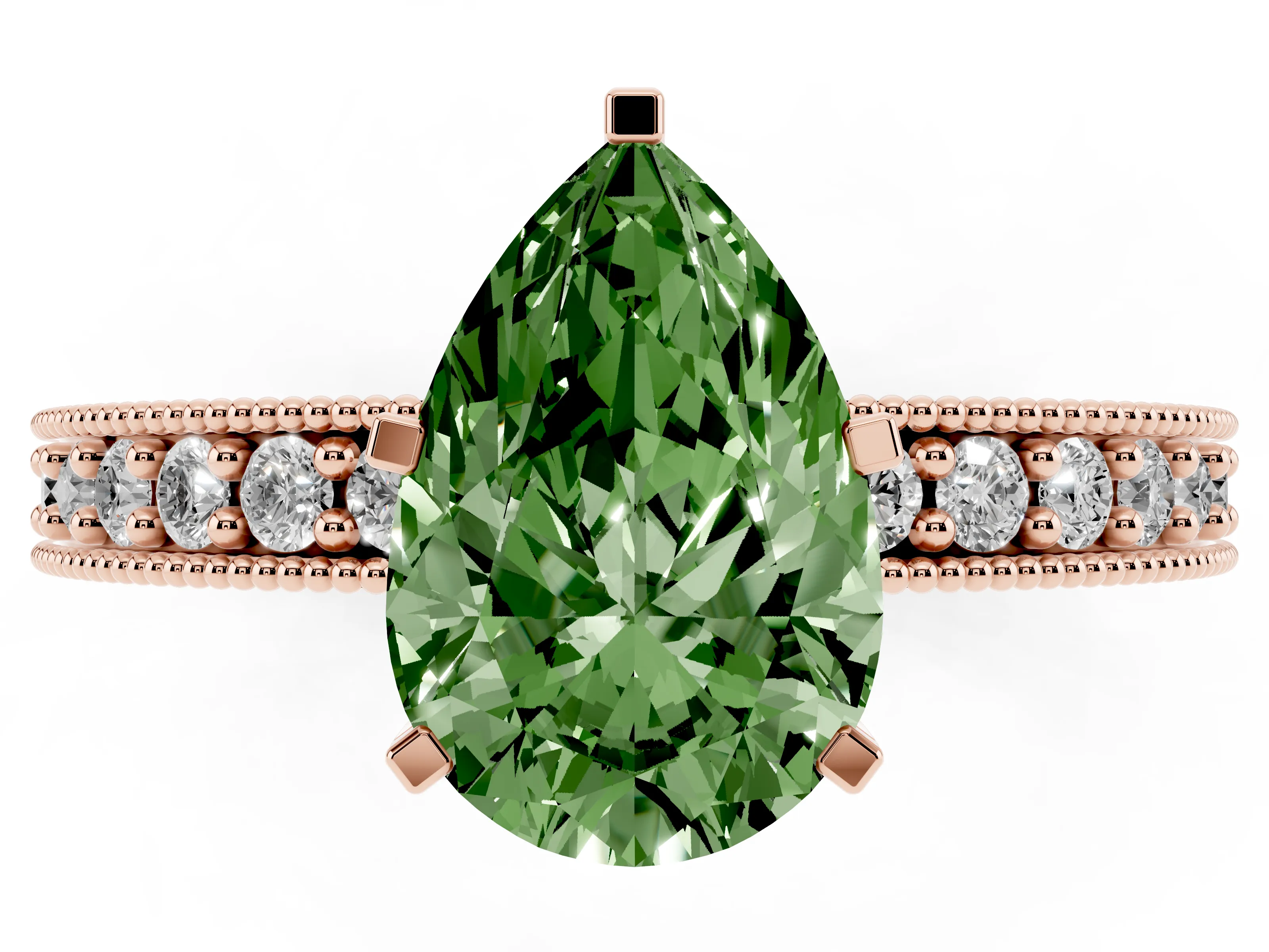 Fancy Green Pear Cut Diamond Milgrain Pavé Engagement Ring Set in Rose gold with Prong Setting