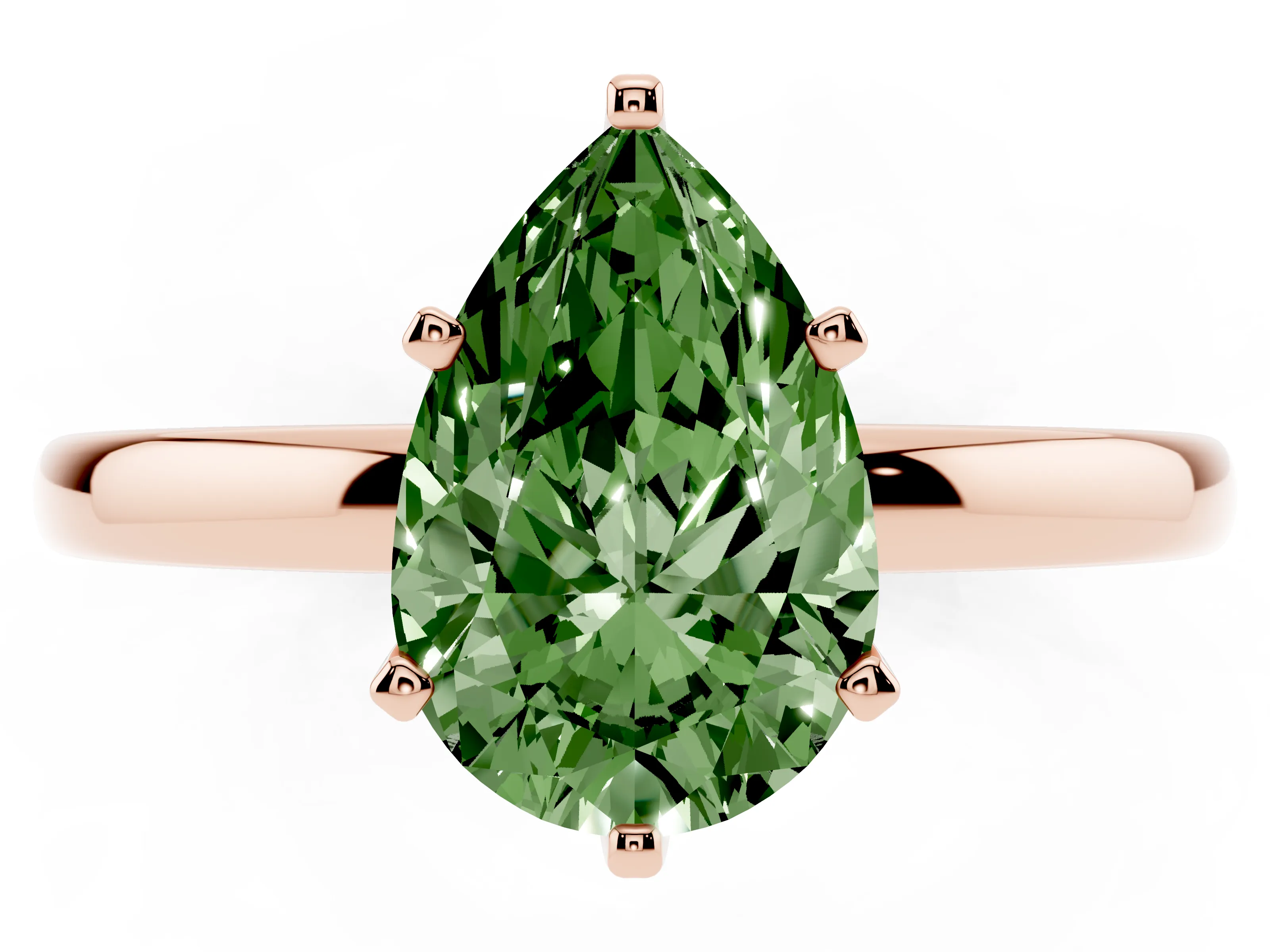 Fancy Green Pear Cut Diamond Solitaire Ring Set in Rose gold with Raised Prong Setting on a Classic Band