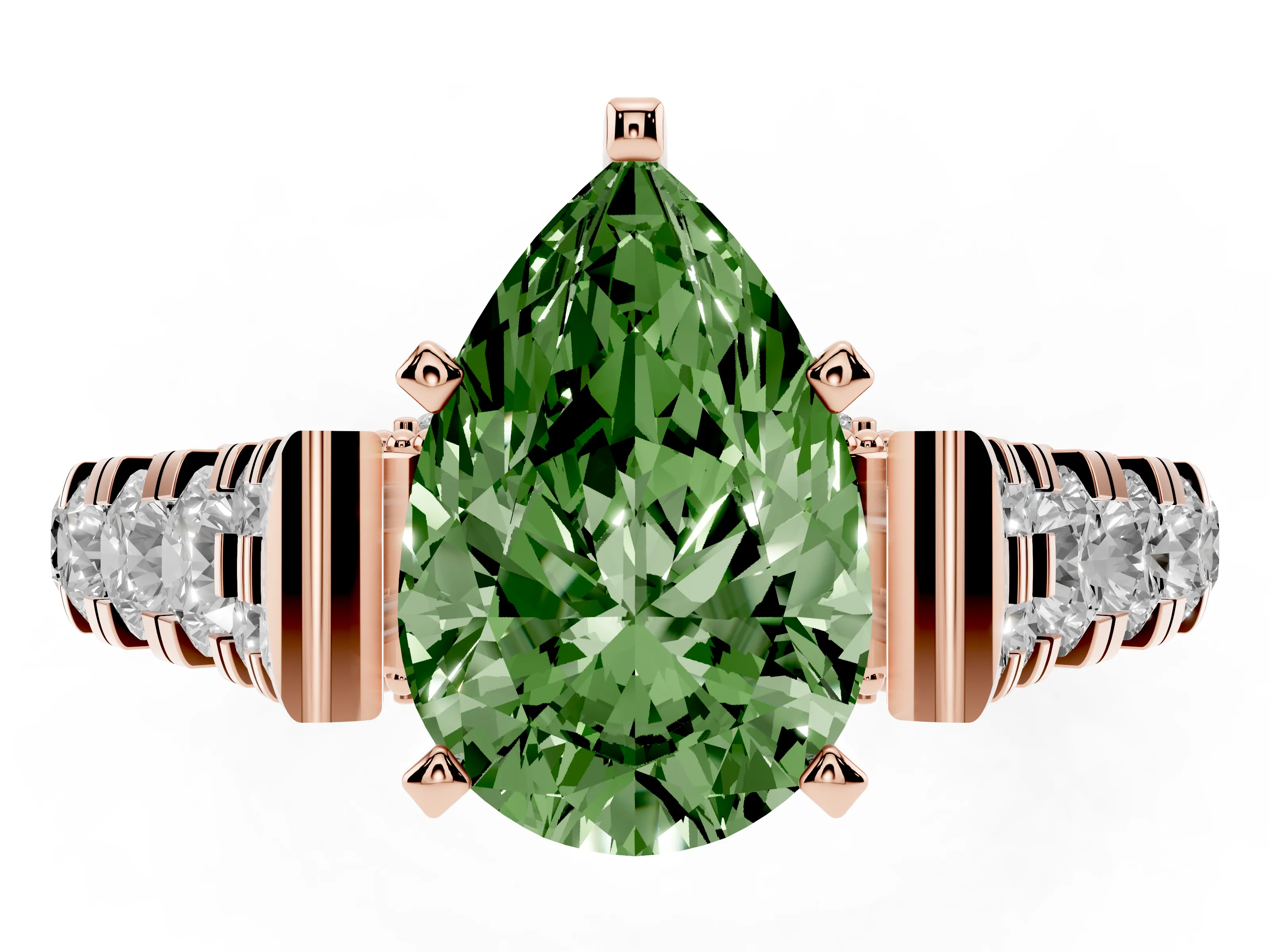 Fancy Green Pear Cut Diamond Classic Solitaire Ring Set in Rose gold with Pavé Band and Prong Setting