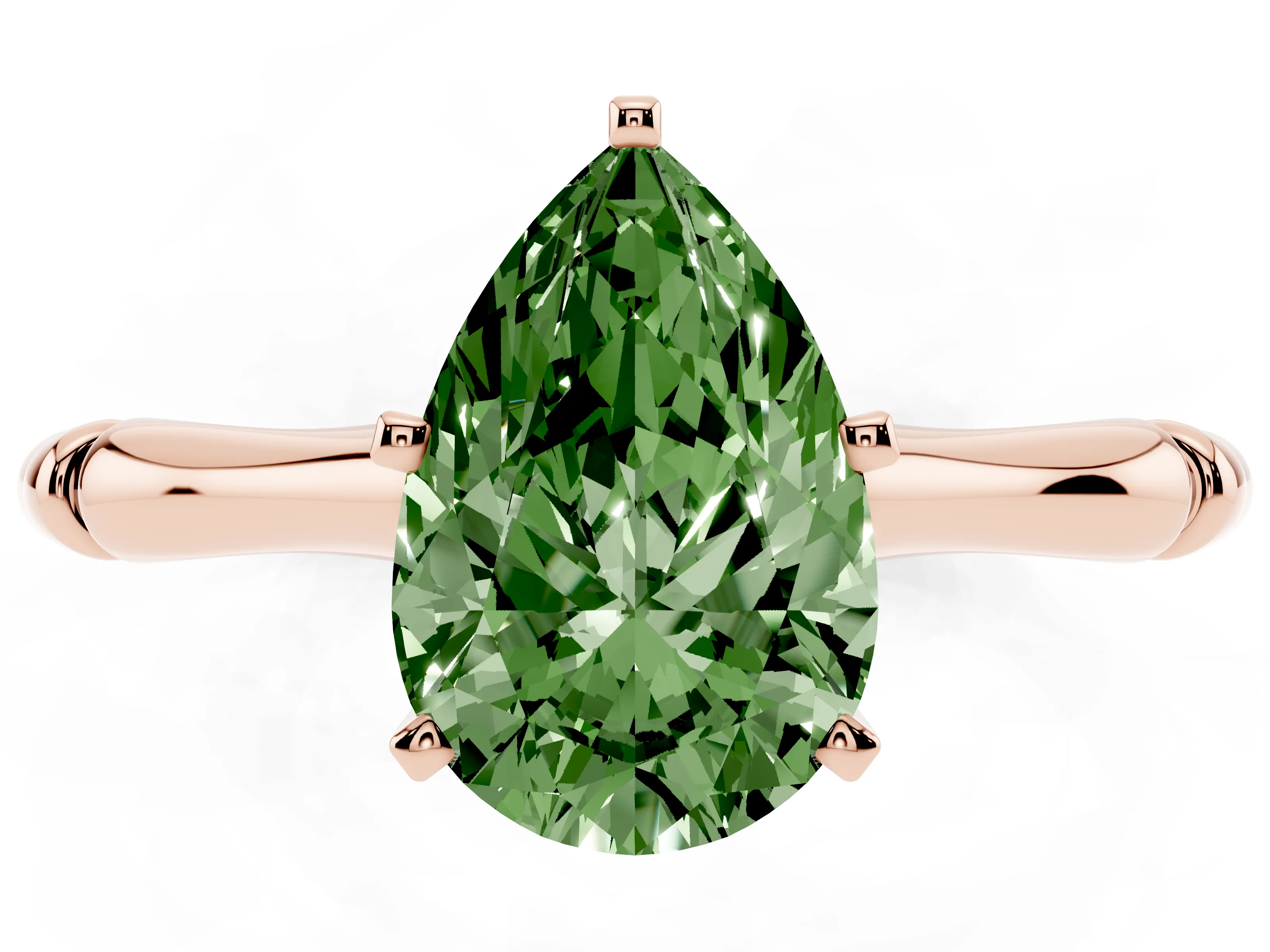 Fancy Green Pear Cut Diamond Solitaire Ring Set in Rose gold with Bamboo Band and Prong Setting