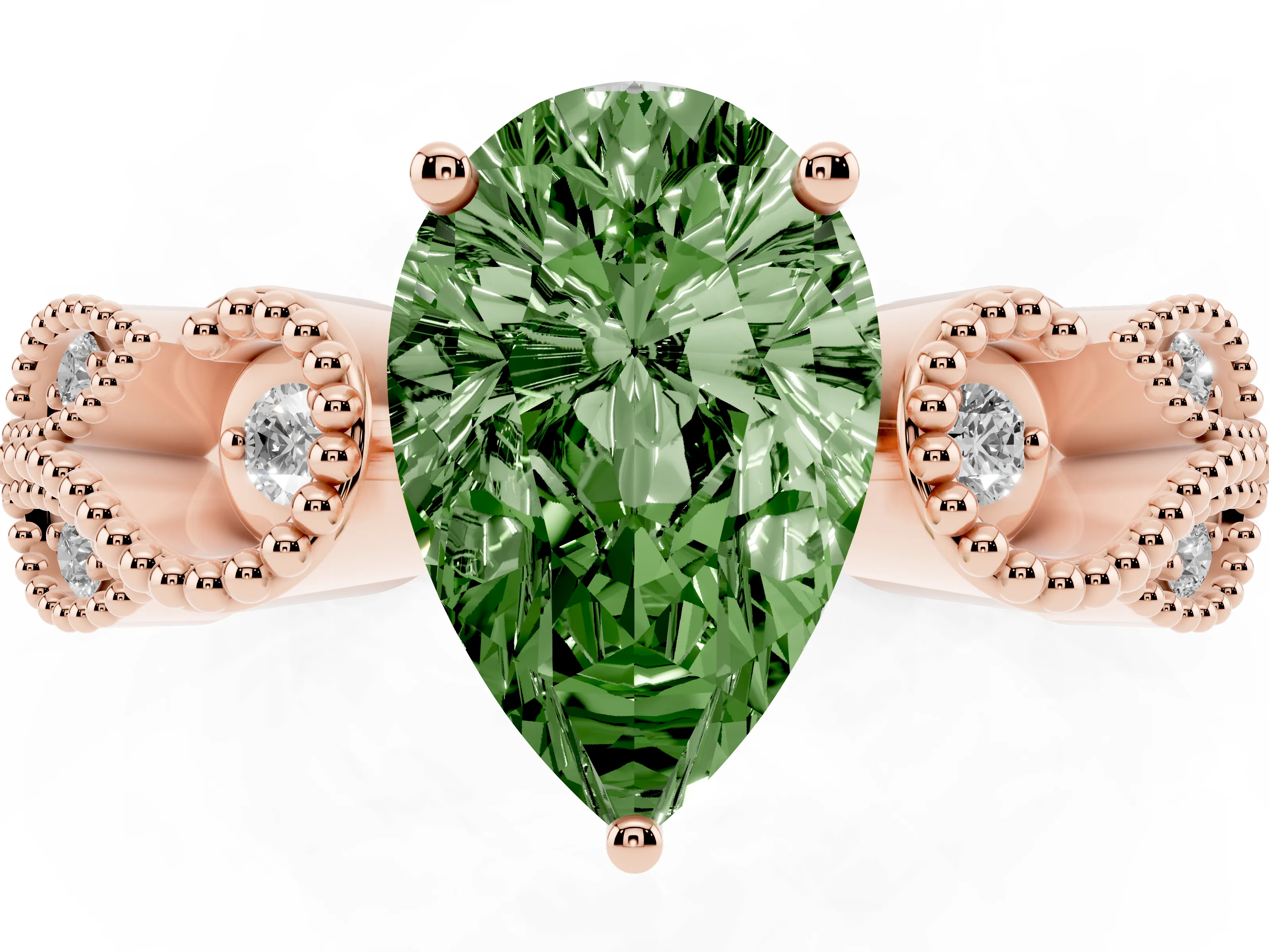 Fancy Green Pear Cut Diamond Milgrain Leaf Band Solitaire Ring Set in Rose gold with Accent Stones and Prong Setting