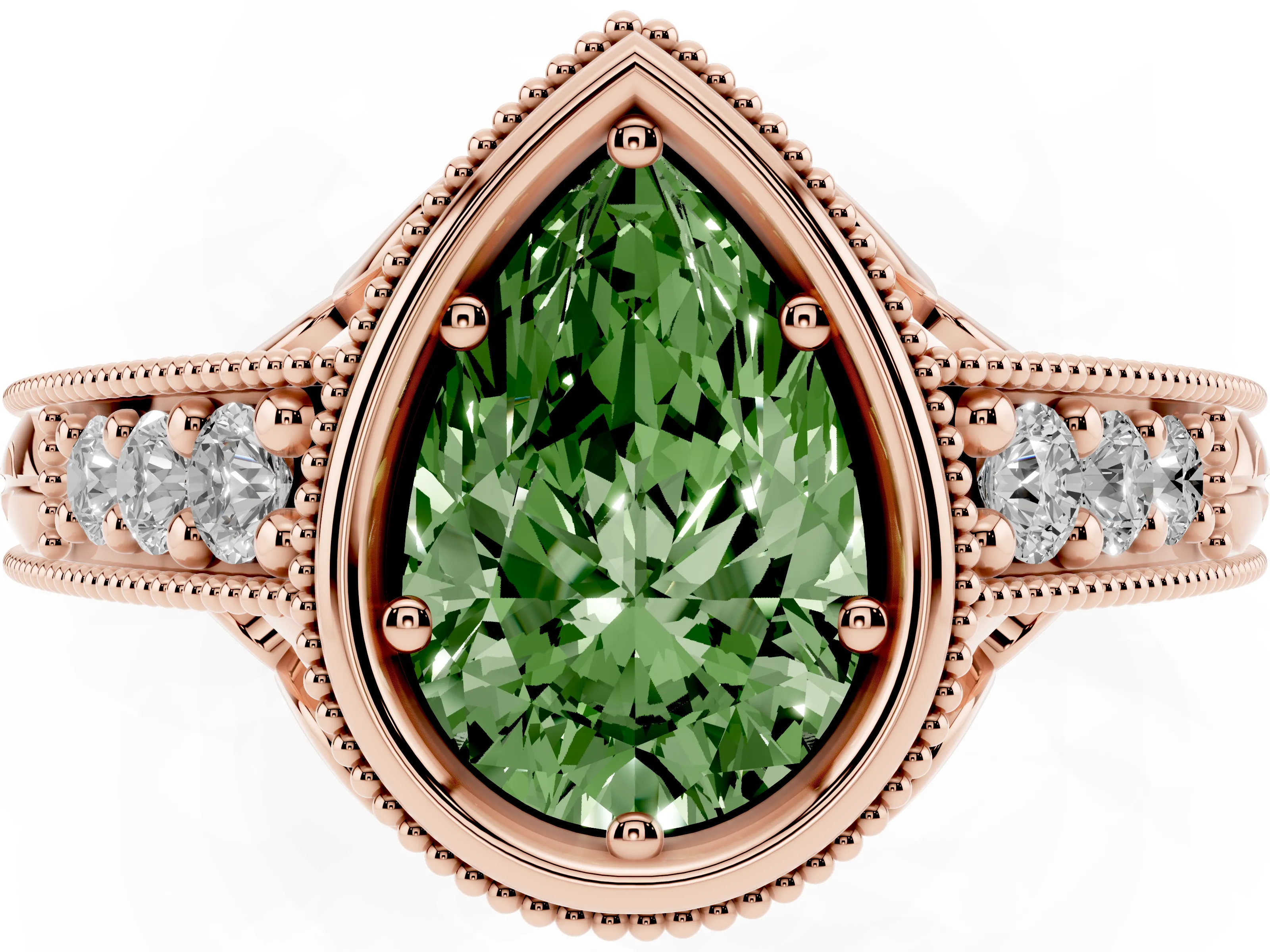Fancy Green Bezel Set Pear Cut Diamond Milgrain Pavé Engagement Ring Set in Rose gold