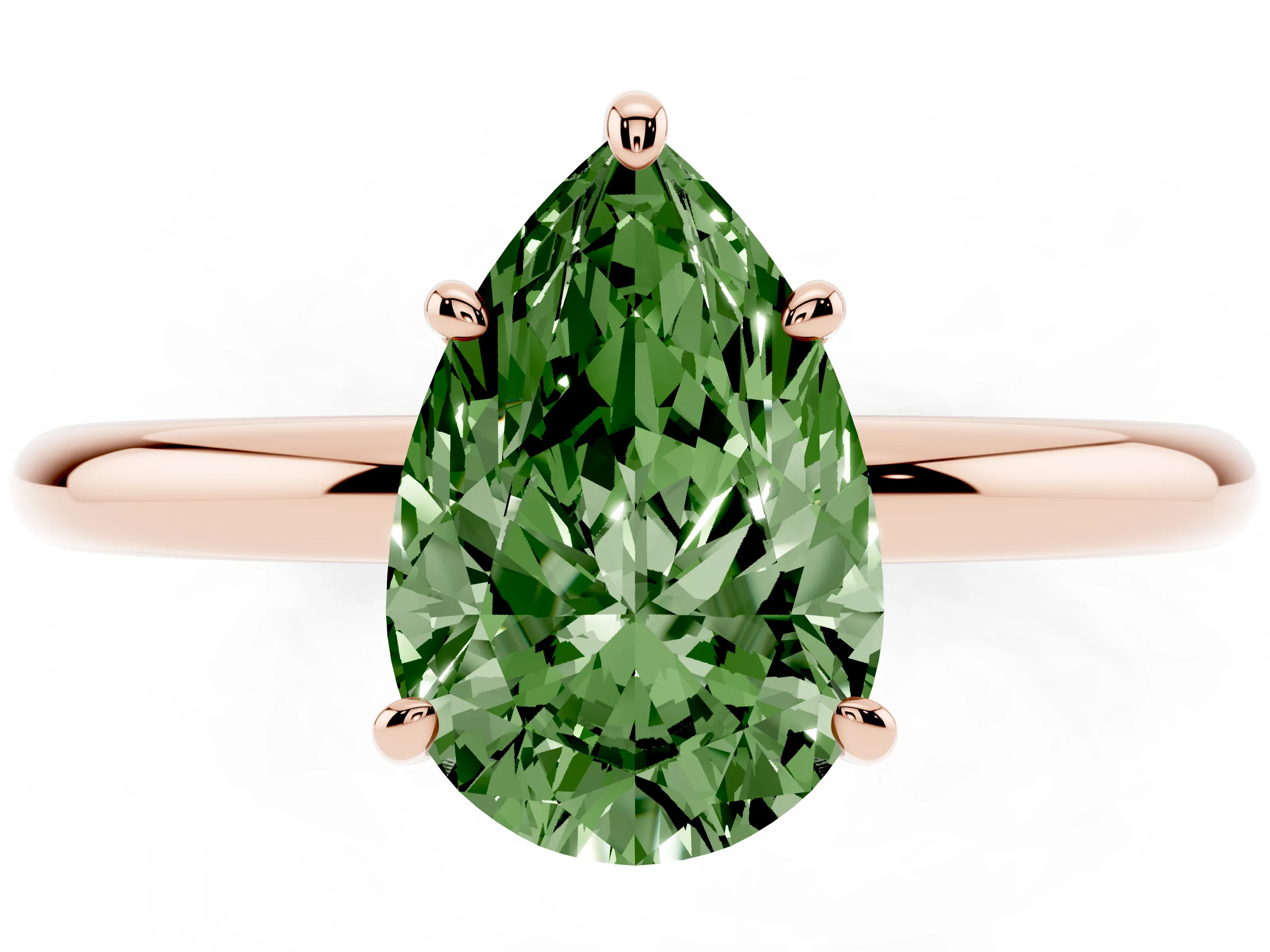 Fancy Green Pear Cut Diamond Solitaire Ring Set in Rose gold with Prong Setting on a Polished Plain Band