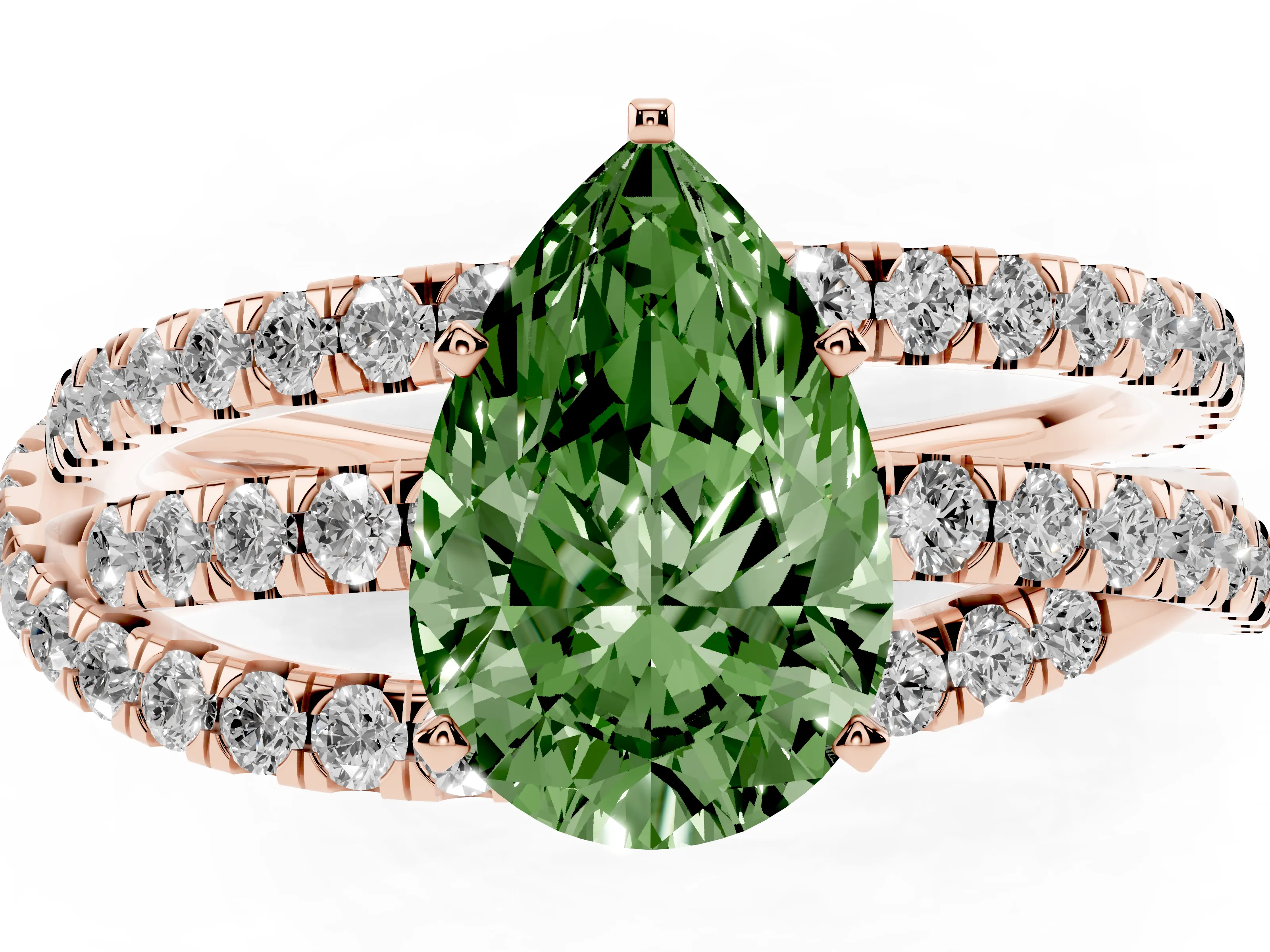 Fancy Green Pear Cut Diamond Solitaire Twist Band Ring Set in Rose gold with Pavé Setting and Prong Head