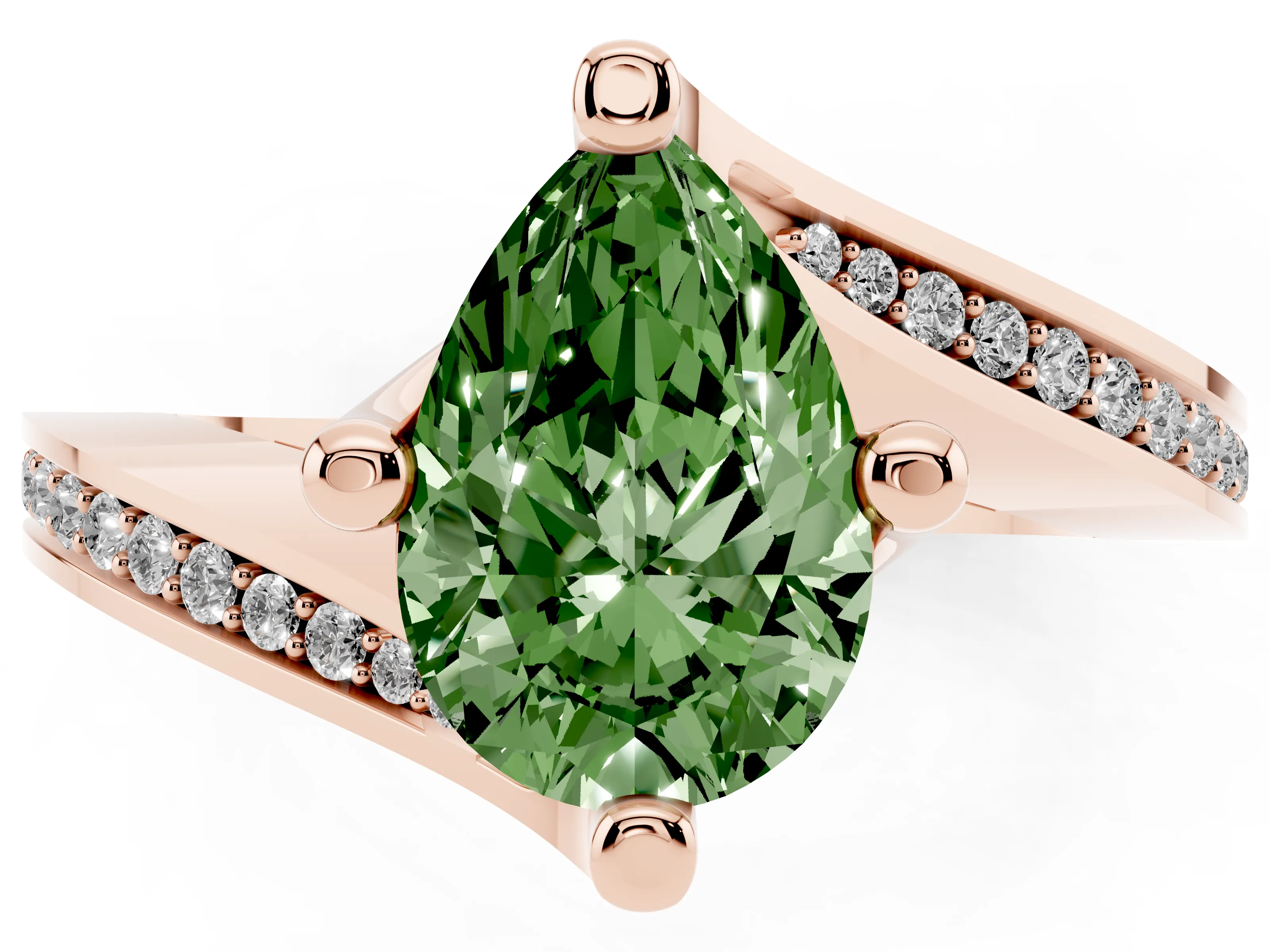 Fancy Green Pear Cut Diamond Solitaire Ring Set in Rose gold with Intertwined Pavé Twist Band