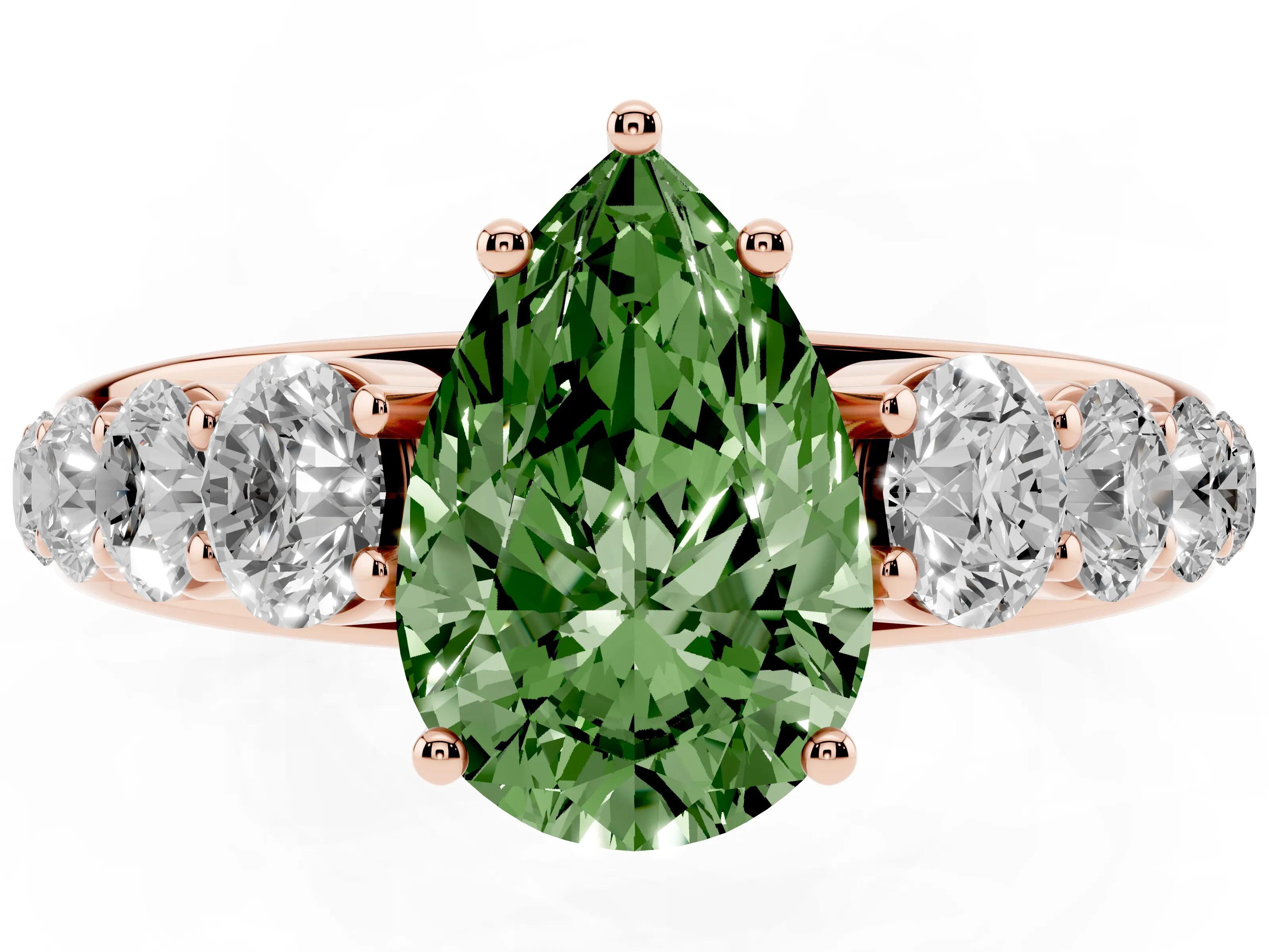 Fancy Green Pear Cut Diamond Solitaire Ring Set in Rose gold with Pavé-Set Band and Prong Setting