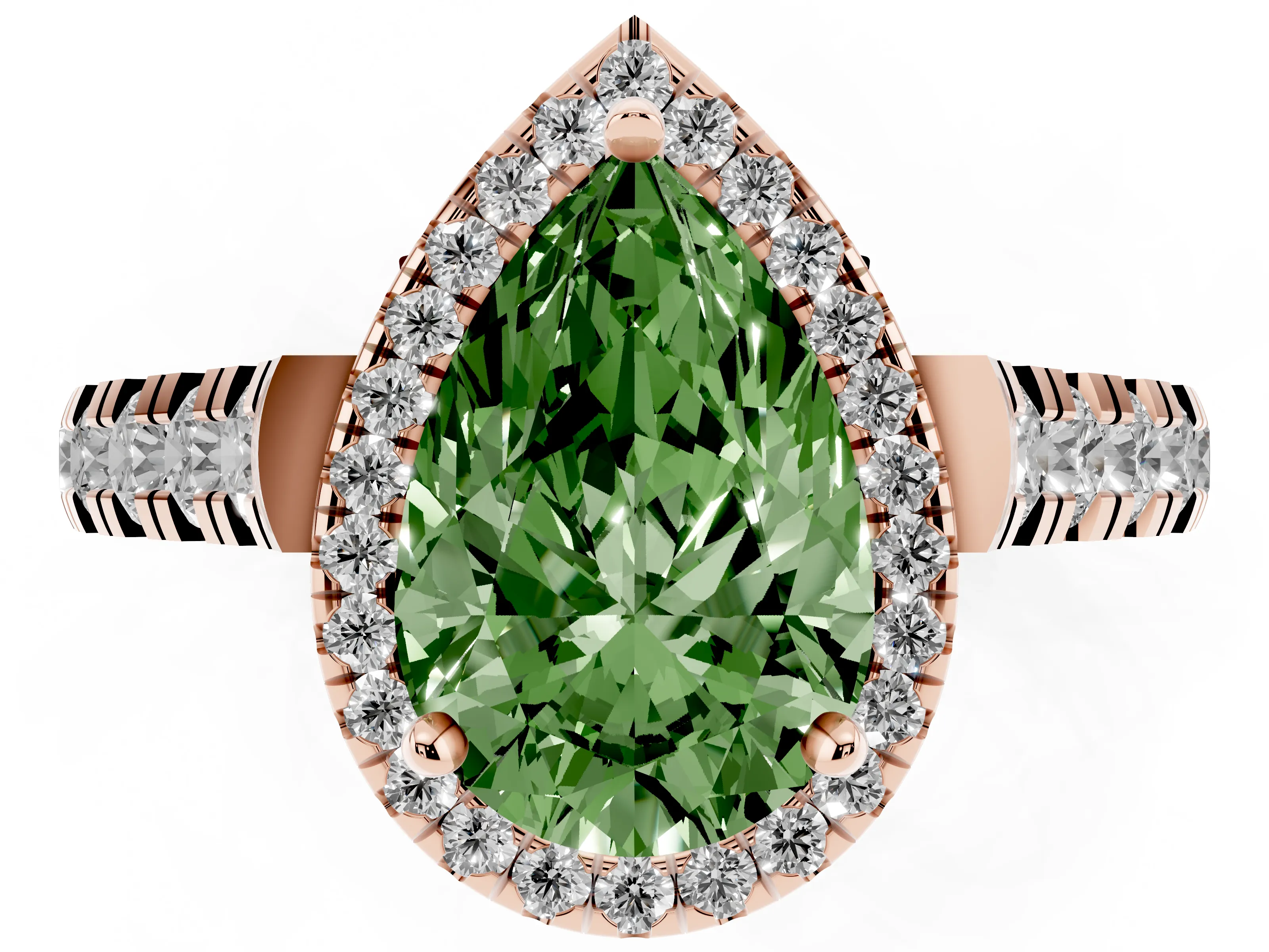 Fancy Green Pear Cut Diamond Halo Engagement Ring Set in Rose gold with Pavé Band and Prong-Set Center
