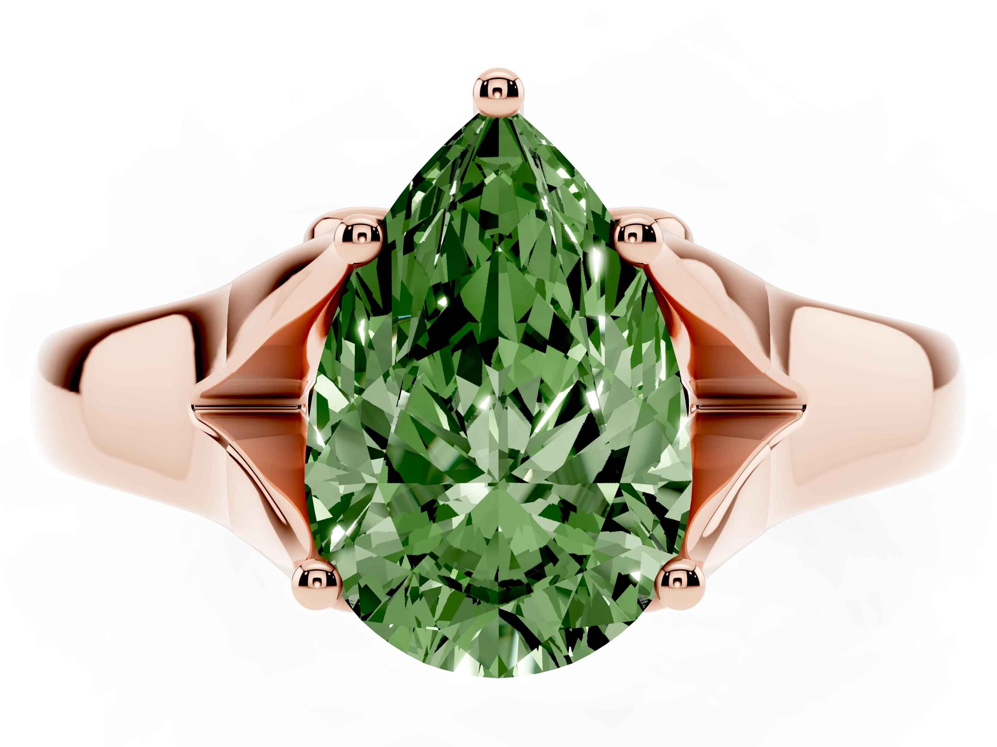 Fancy Green Pear Cut Diamond Solitaire Ring Set in Rose gold with Arched Cathedral Band and Prong Setting