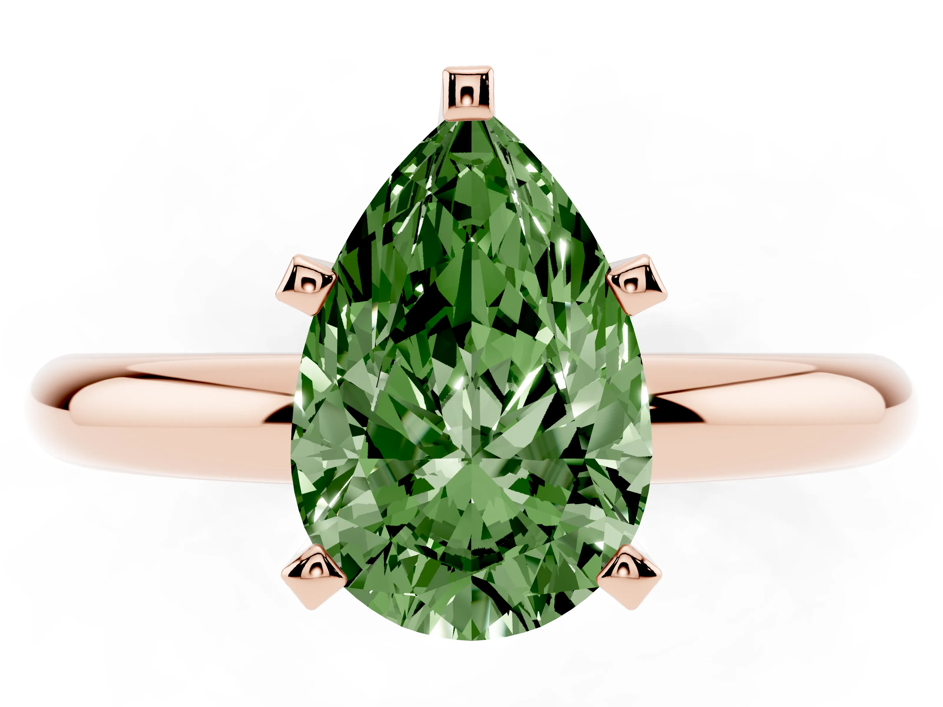 Fancy Green Pear Cut Diamond Solitaire Engagement Ring Set in Rose gold with Round Band and Prong Setting