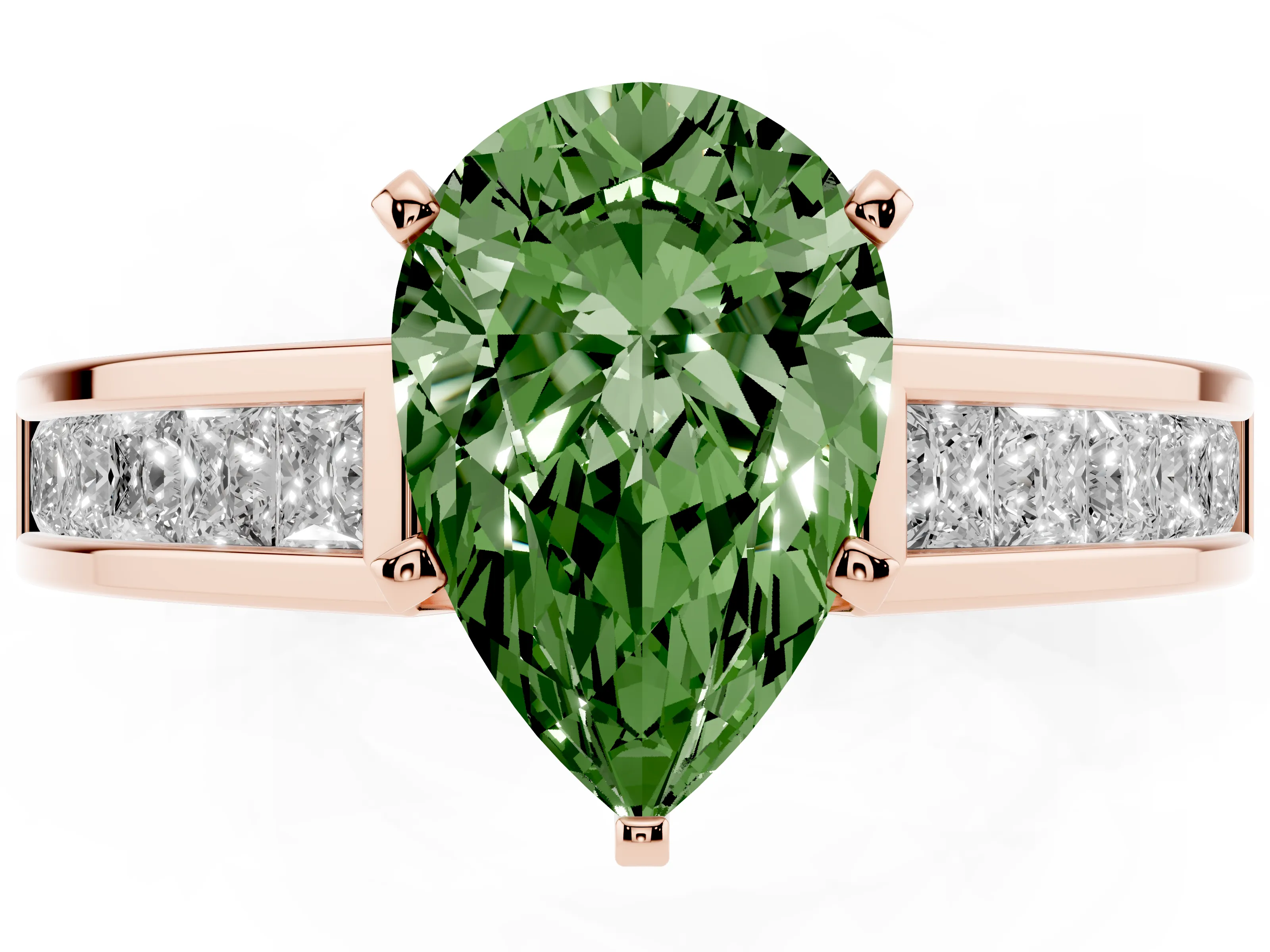 Fancy Green Pear Cut Diamond Solitaire Ring Set in Rose gold with Channel-Set Band and Prong Setting