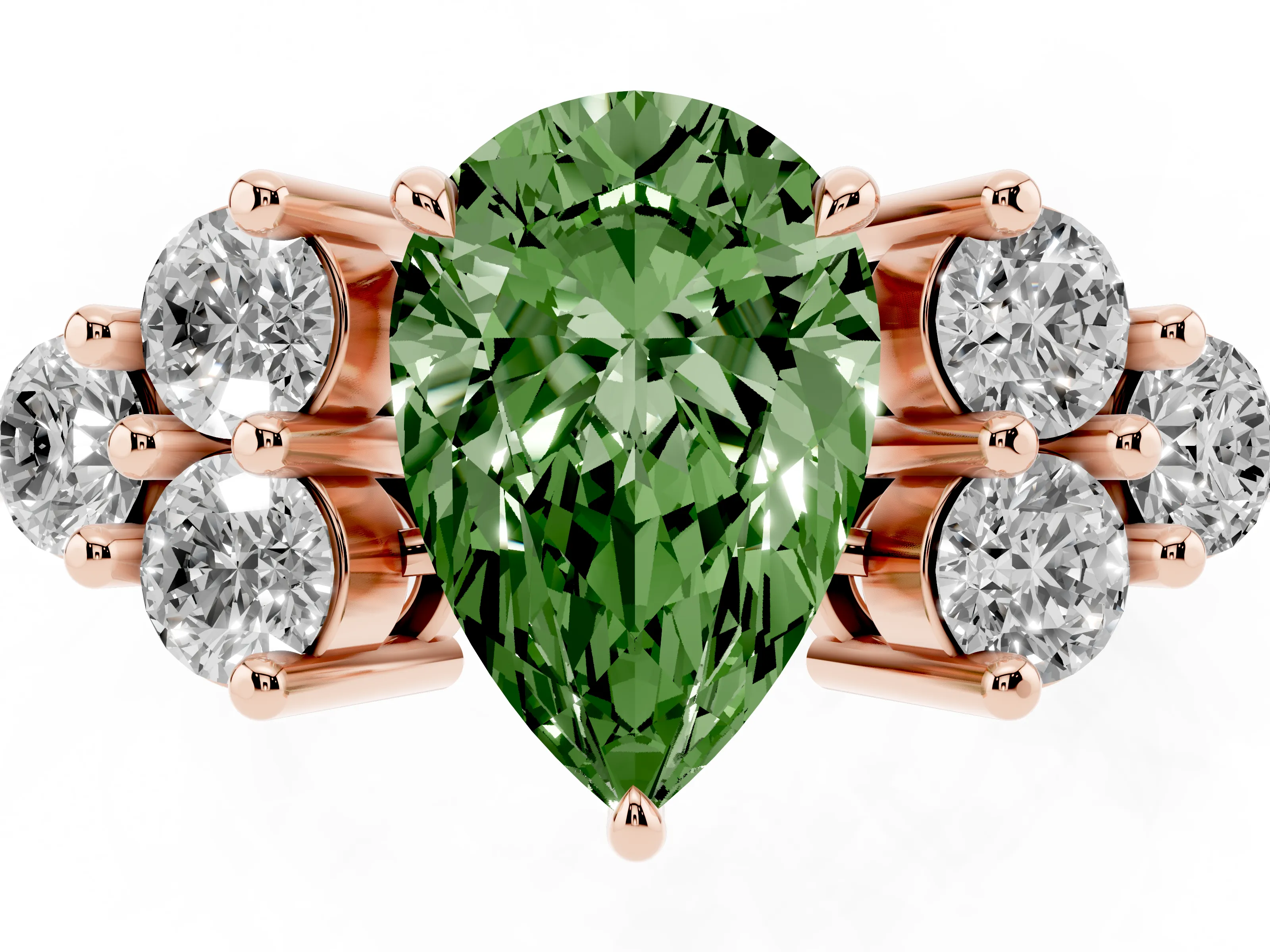Fancy Green Pear Cut Diamond Solitaire Ring Set in Rose gold with Cluster Accents on Each Side