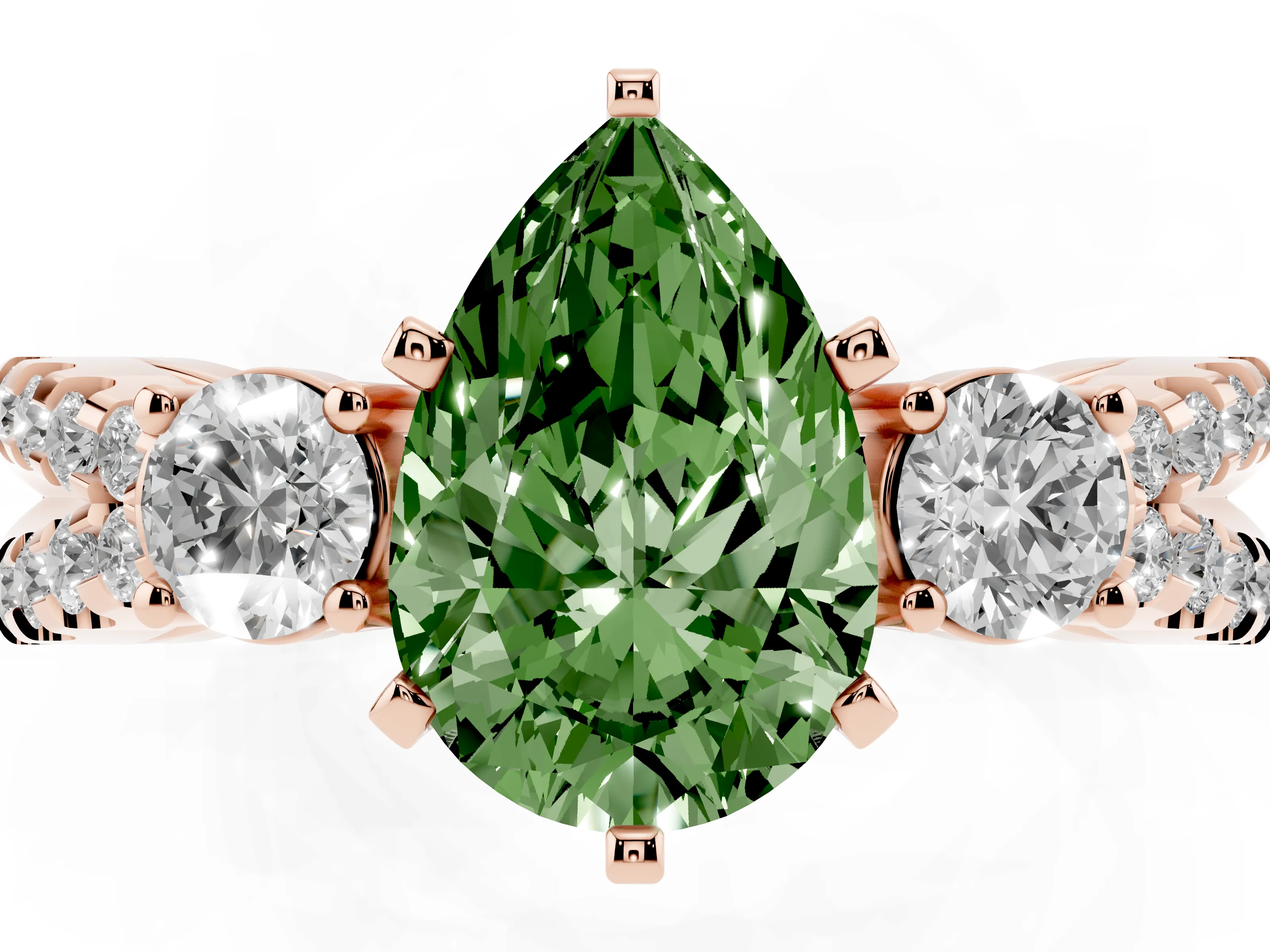 Fancy Green Pear Cut Diamond Three-Stone Ring Set in Rose gold with Pavé Split Shank and Prong Setting
