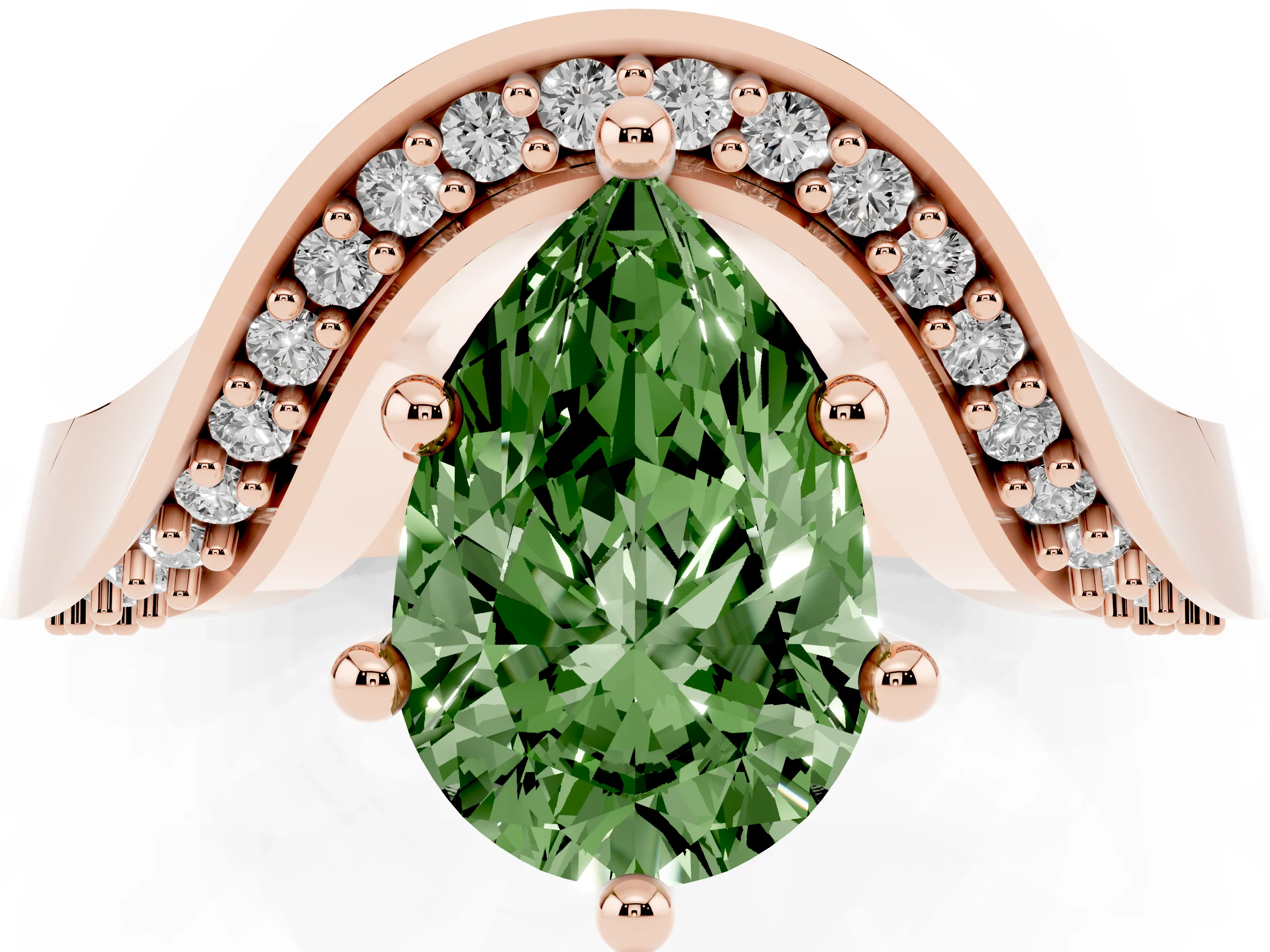Fancy Green Pear Cut Diamond Solitaire Engagement Ring Set in Rose gold with Pavé Shoulders