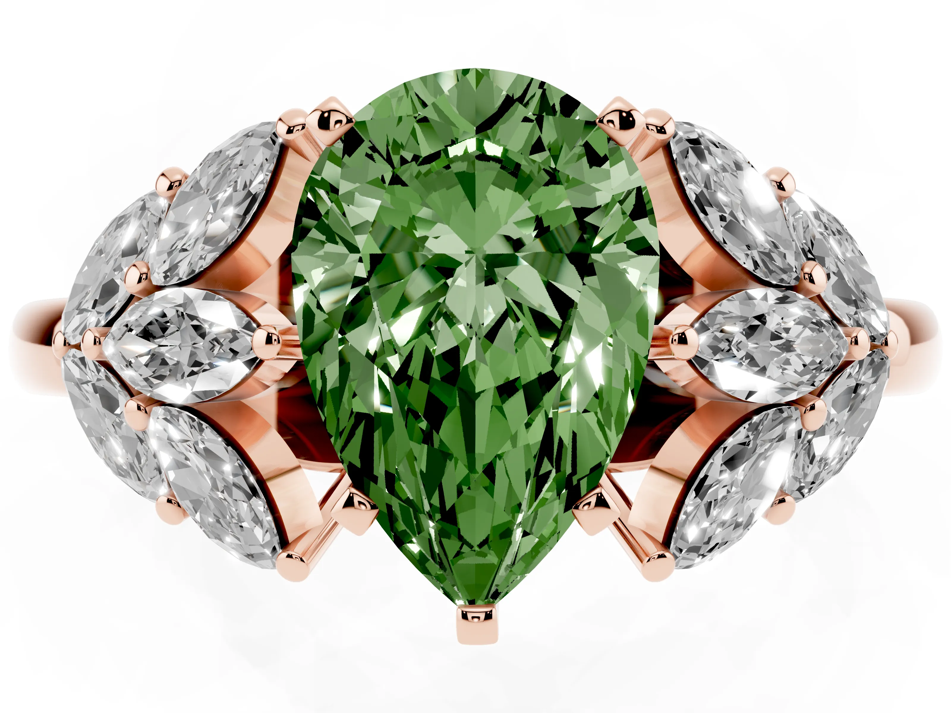 Fancy Green Pear Cut Diamond Cluster Leaf Design Ring Set in Rose gold with Prong Setting