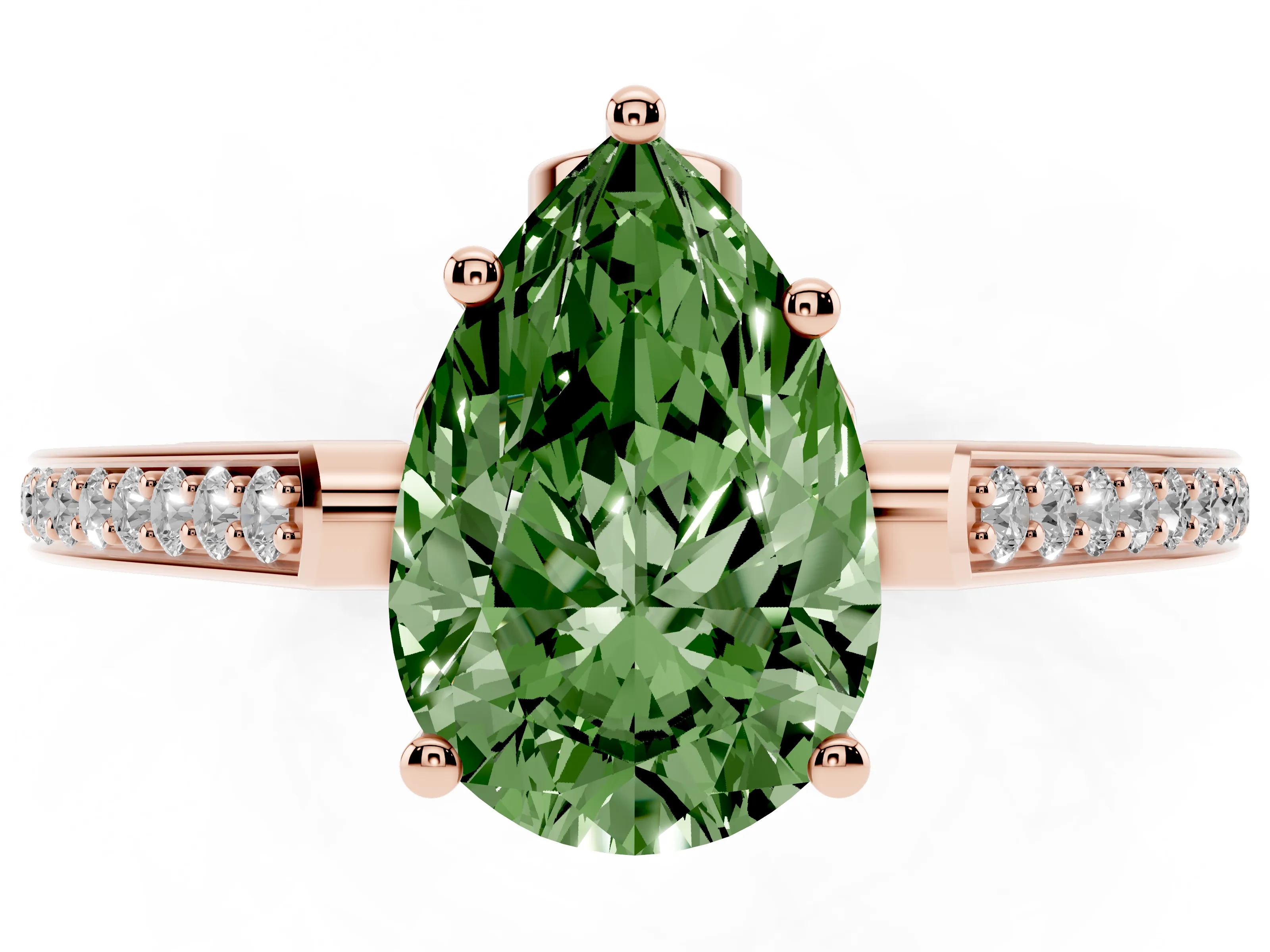 Fancy Green Pear Cut Diamond Cathedral Pavé Engagement Ring Set in Rose gold with Prong Setting
