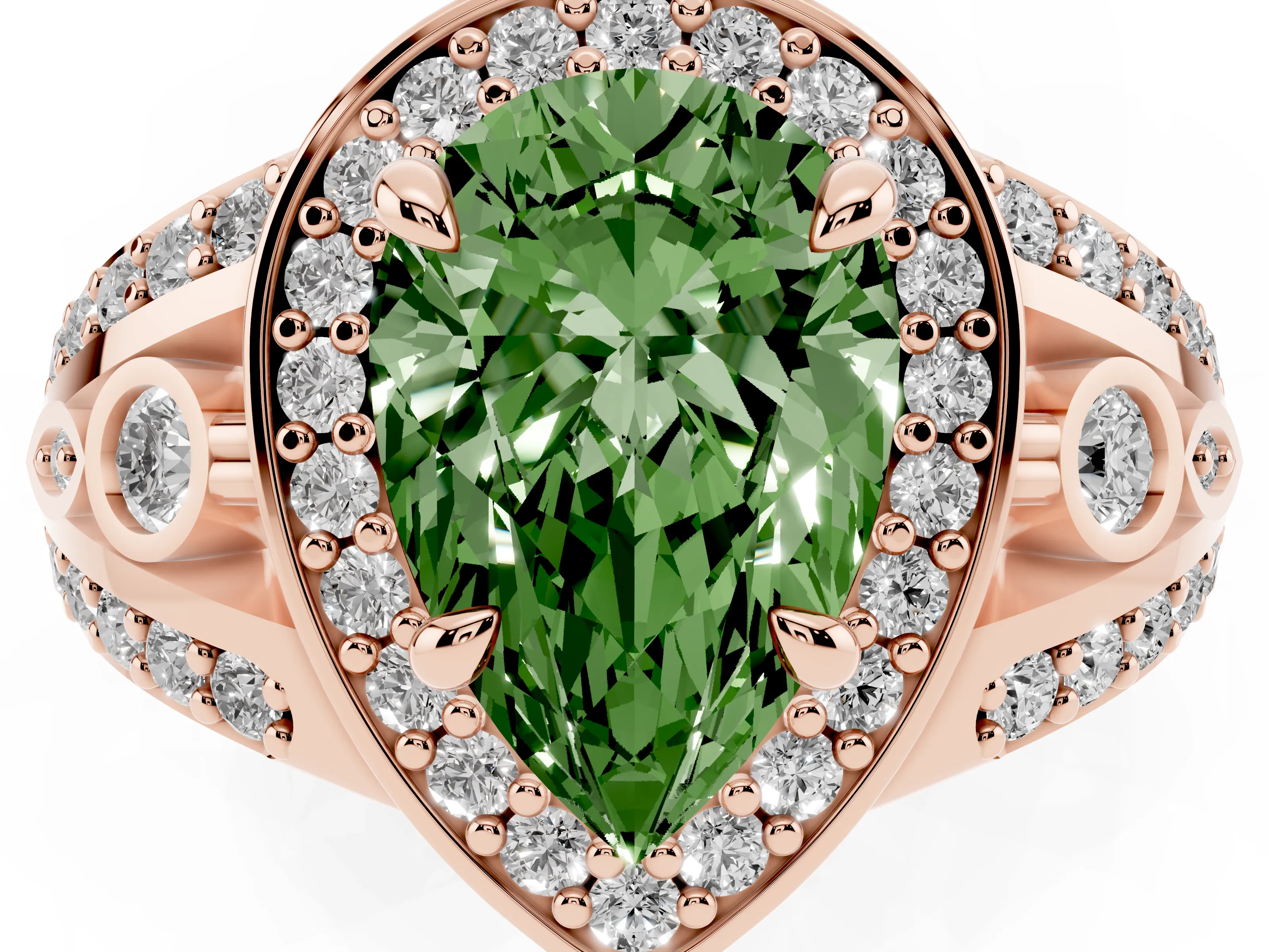 Fancy Green Pear Cut Diamond Halo Ring Set in Rose gold with Pavé Split Shank and Bezel Accents