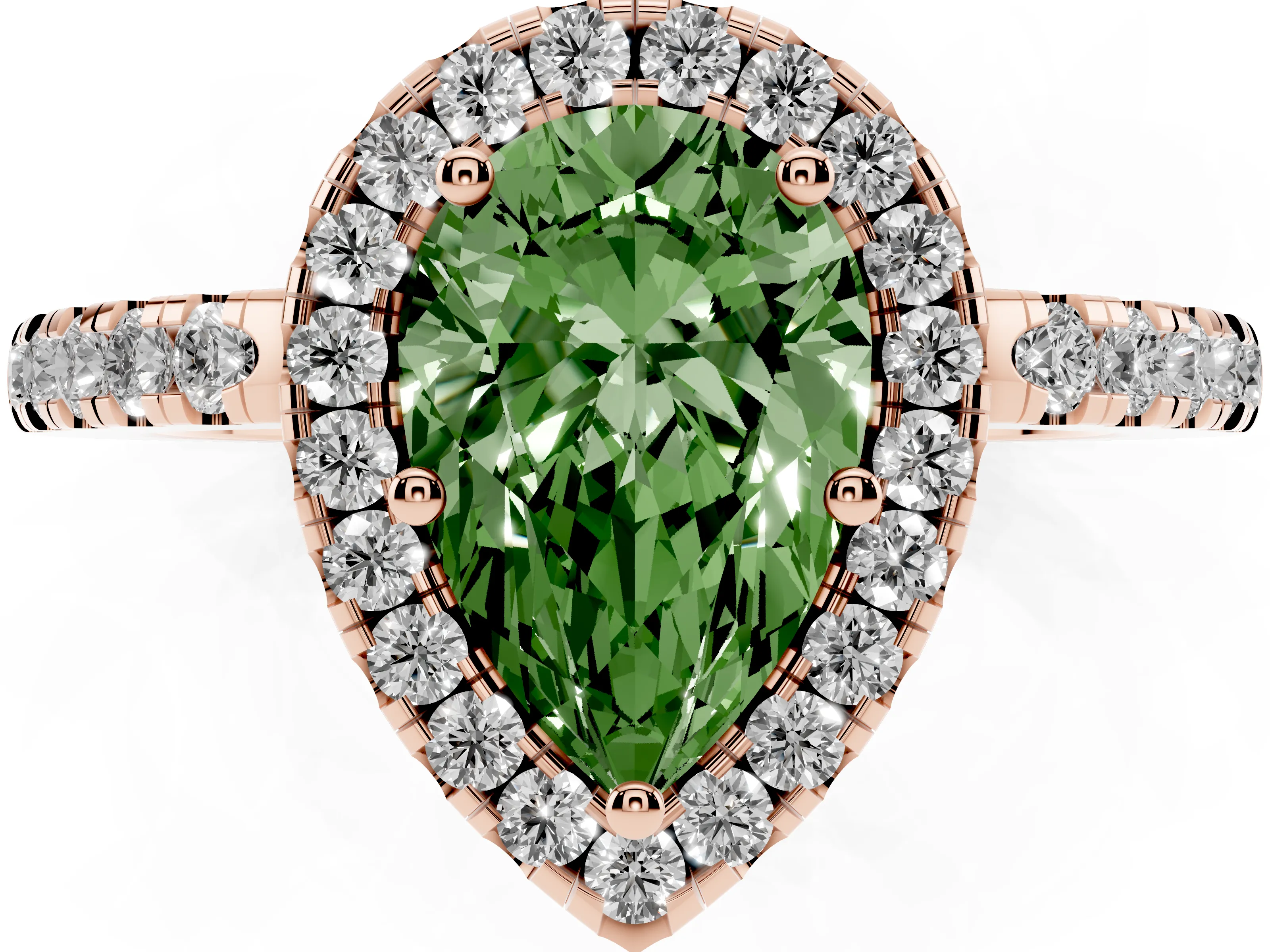 Fancy Green Pear Cut Diamond Pavé Band Halo Engagement Ring Set in Rose gold with Prong Setting
