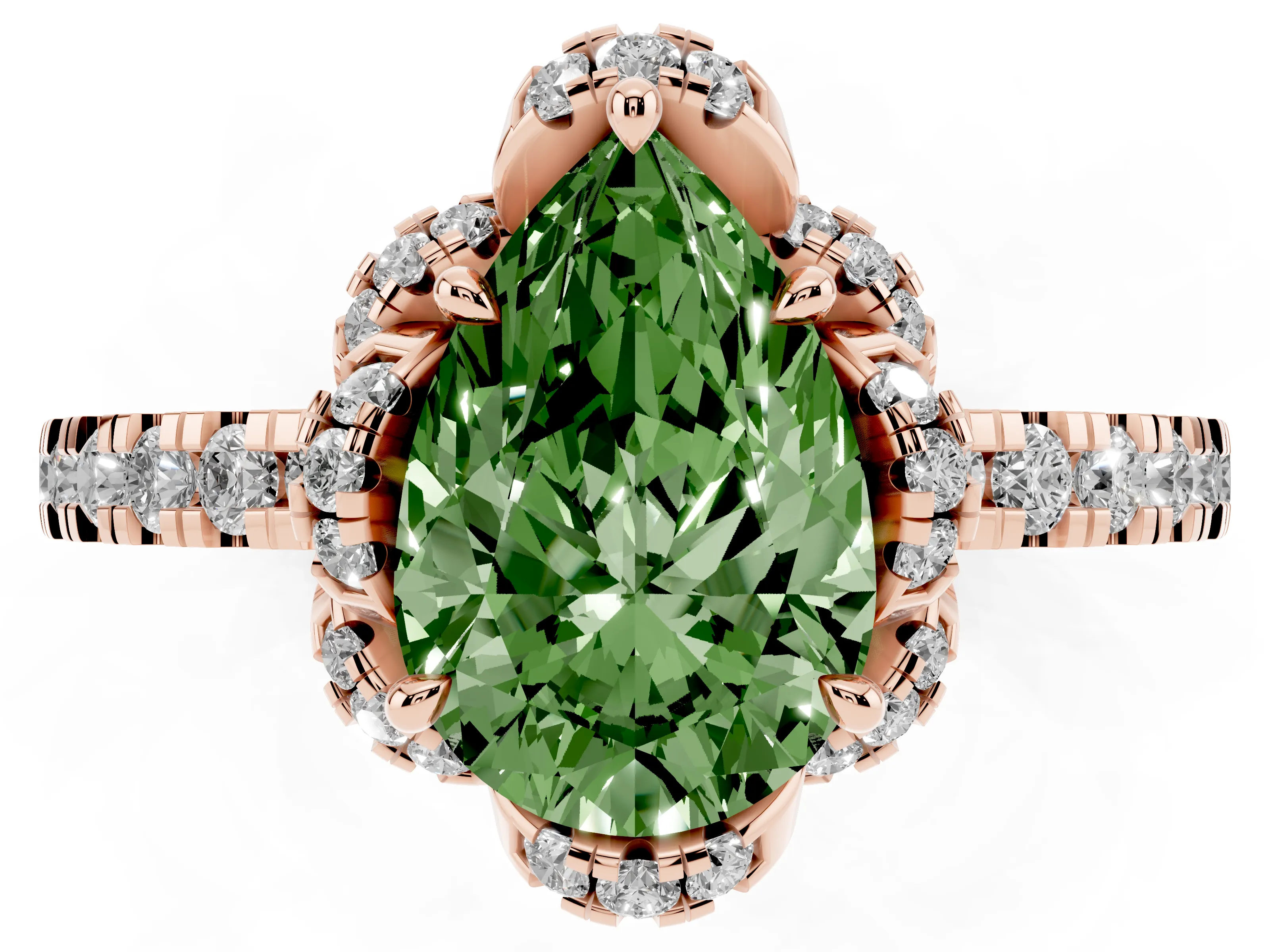 Fancy Green Pear Cut Diamond Halo Pavé Band Ring Set in Rose gold with Prong-Held Center