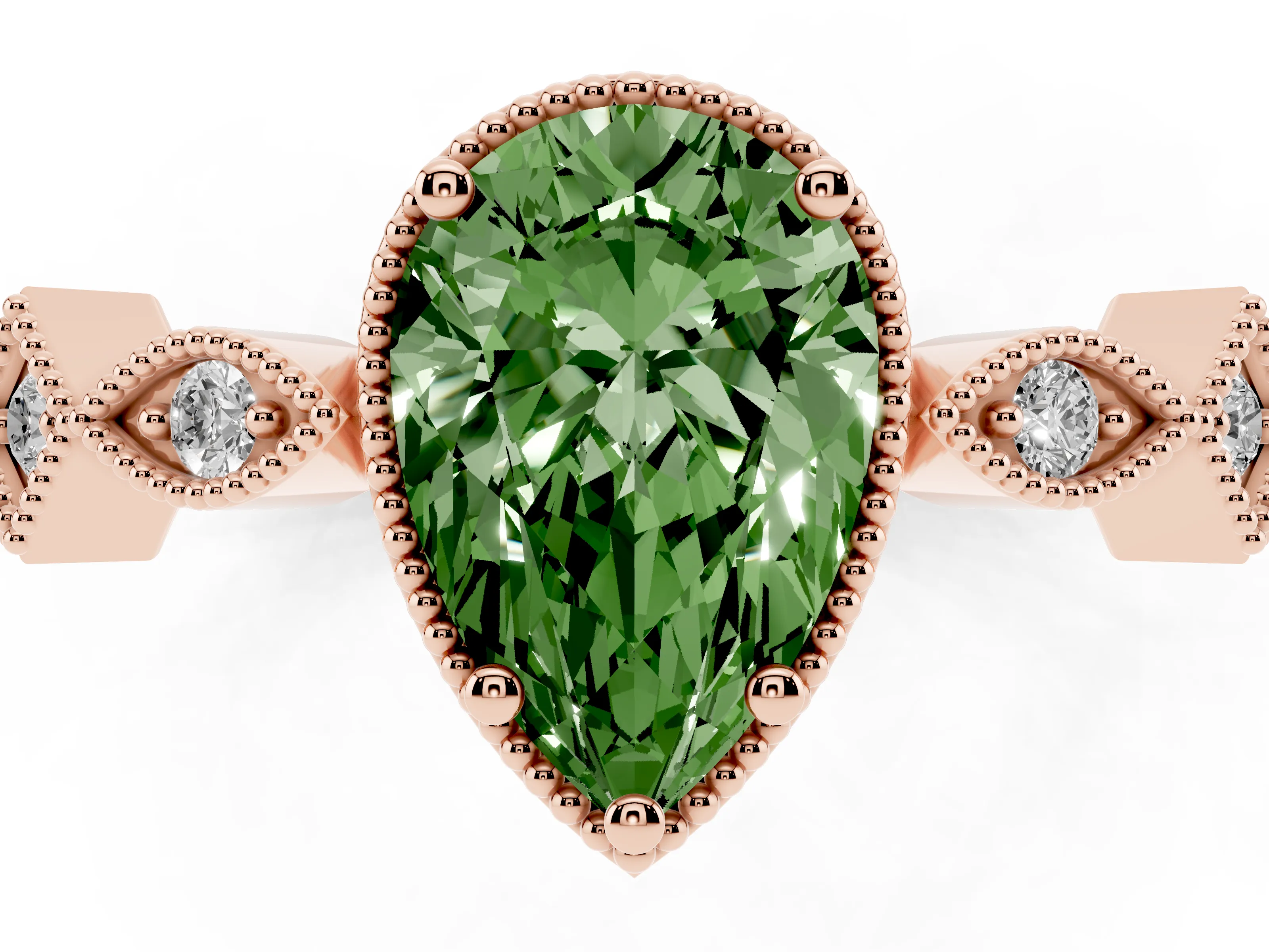 Fancy Green Pear Cut Diamond Milgrain Marquise Twist Band Ring Set in Rose gold with Prong Setting