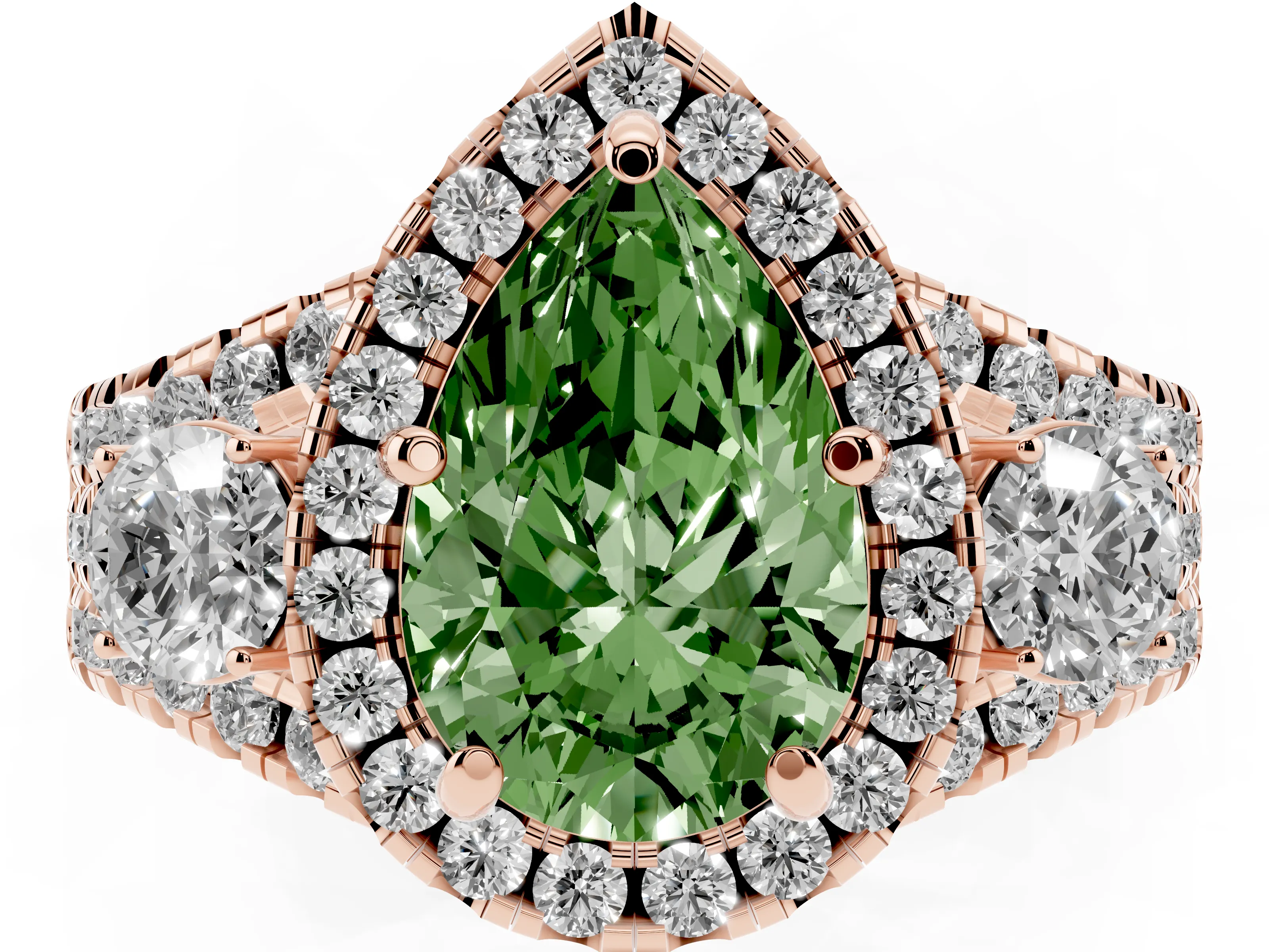 Fancy Green Pear Cut Diamond Halo Split Shank Ring Set in Rose gold with Round Accent Stones and Prong Setting