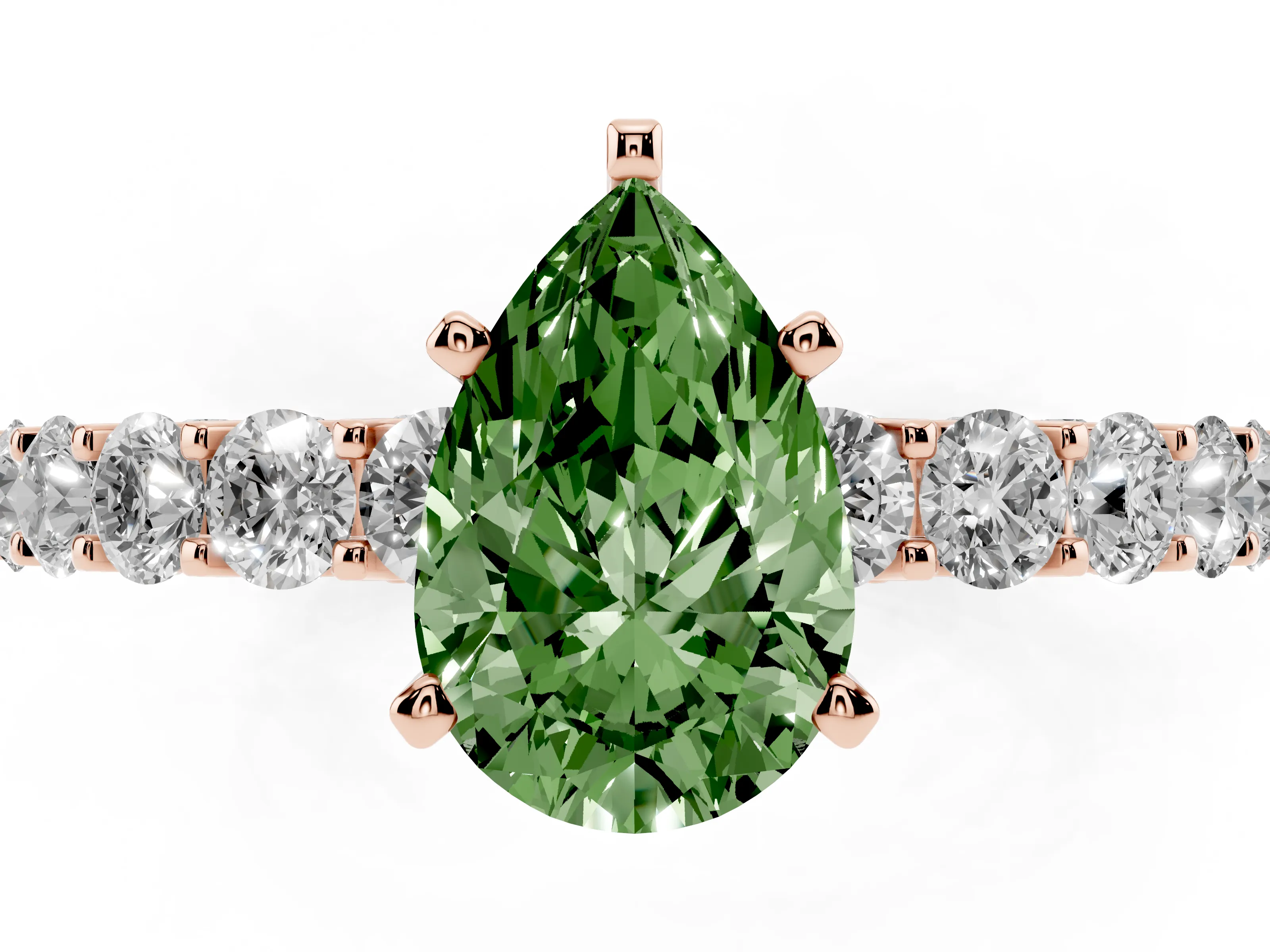 Fancy Green Pear Cut Diamond Solitaire Ring Set in Rose gold with Shared Prong Pavé Band